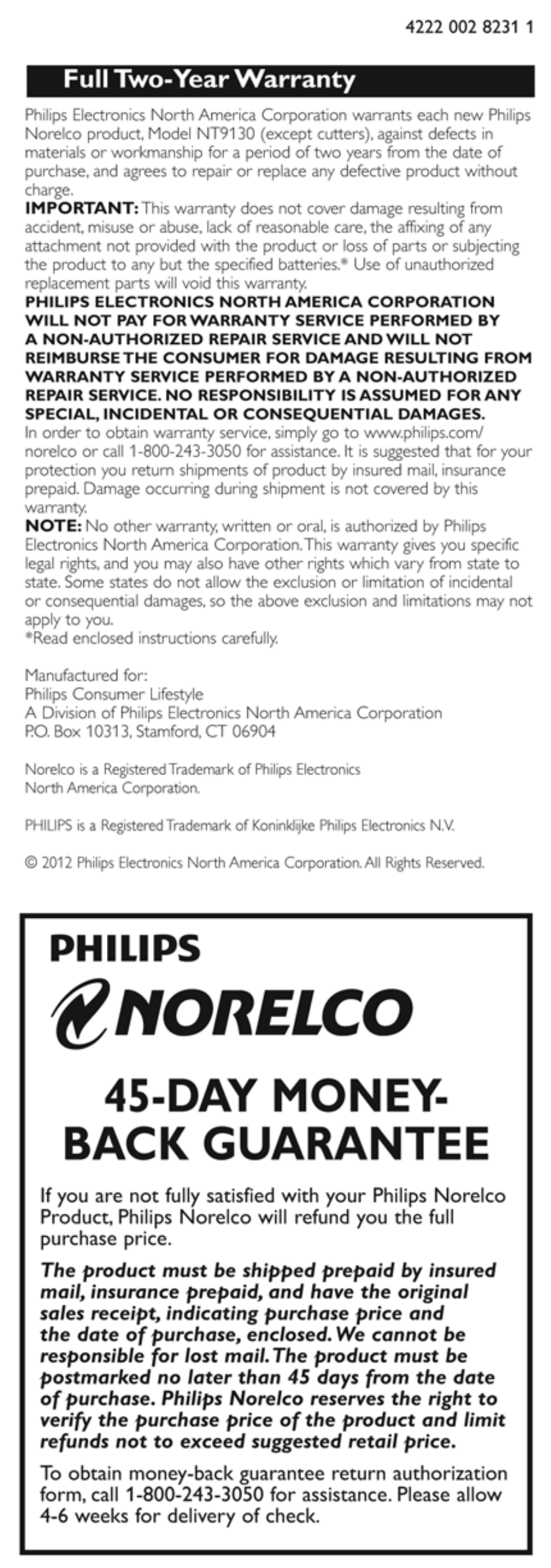Norelco, Day money- back guarantee, Philips | Full two-year warranty | Philips NT9130-40 User Manual | Page 8 / 8