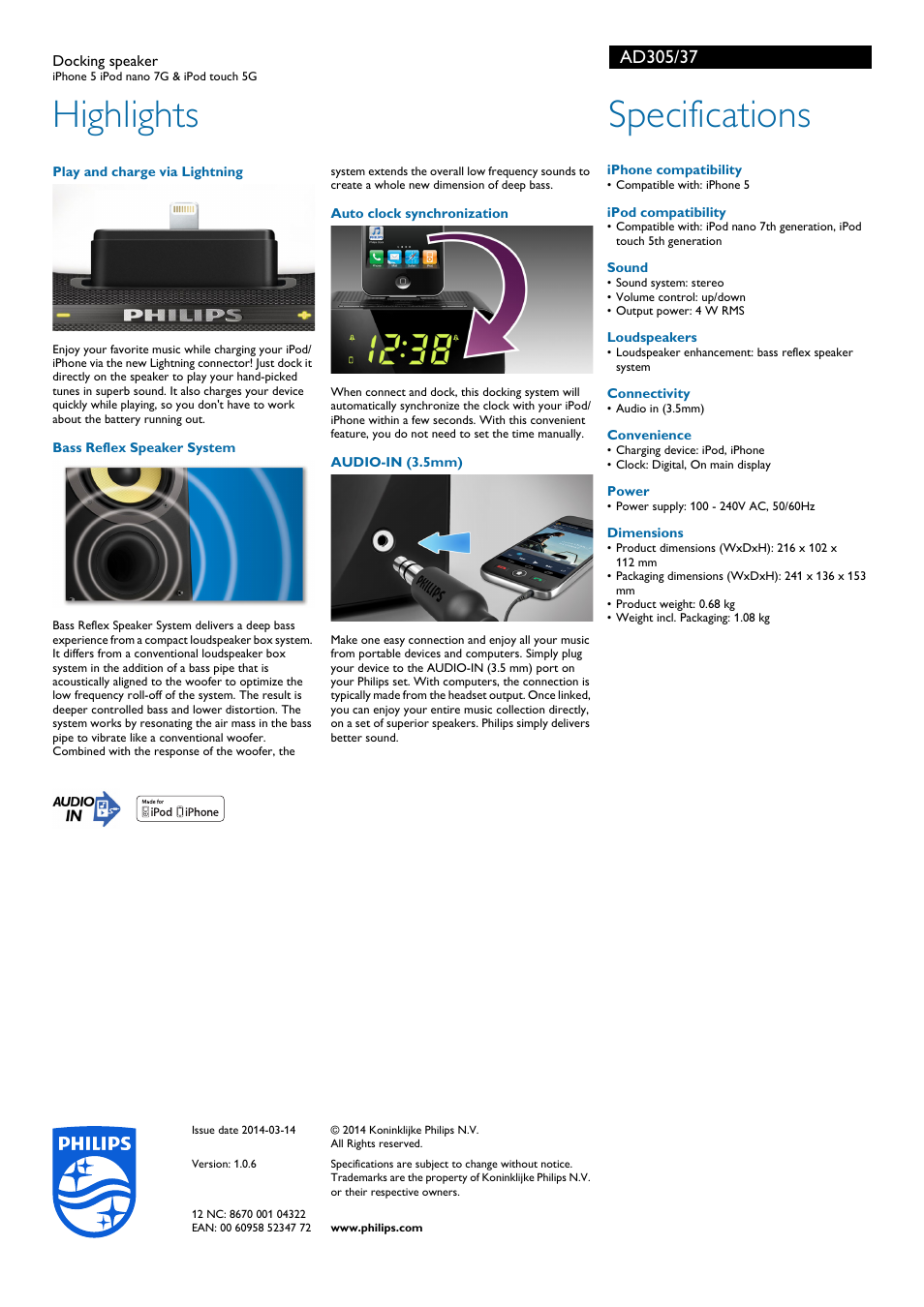 Highlights, Specifications | Philips AD305-37 User Manual | Page 2 / 2