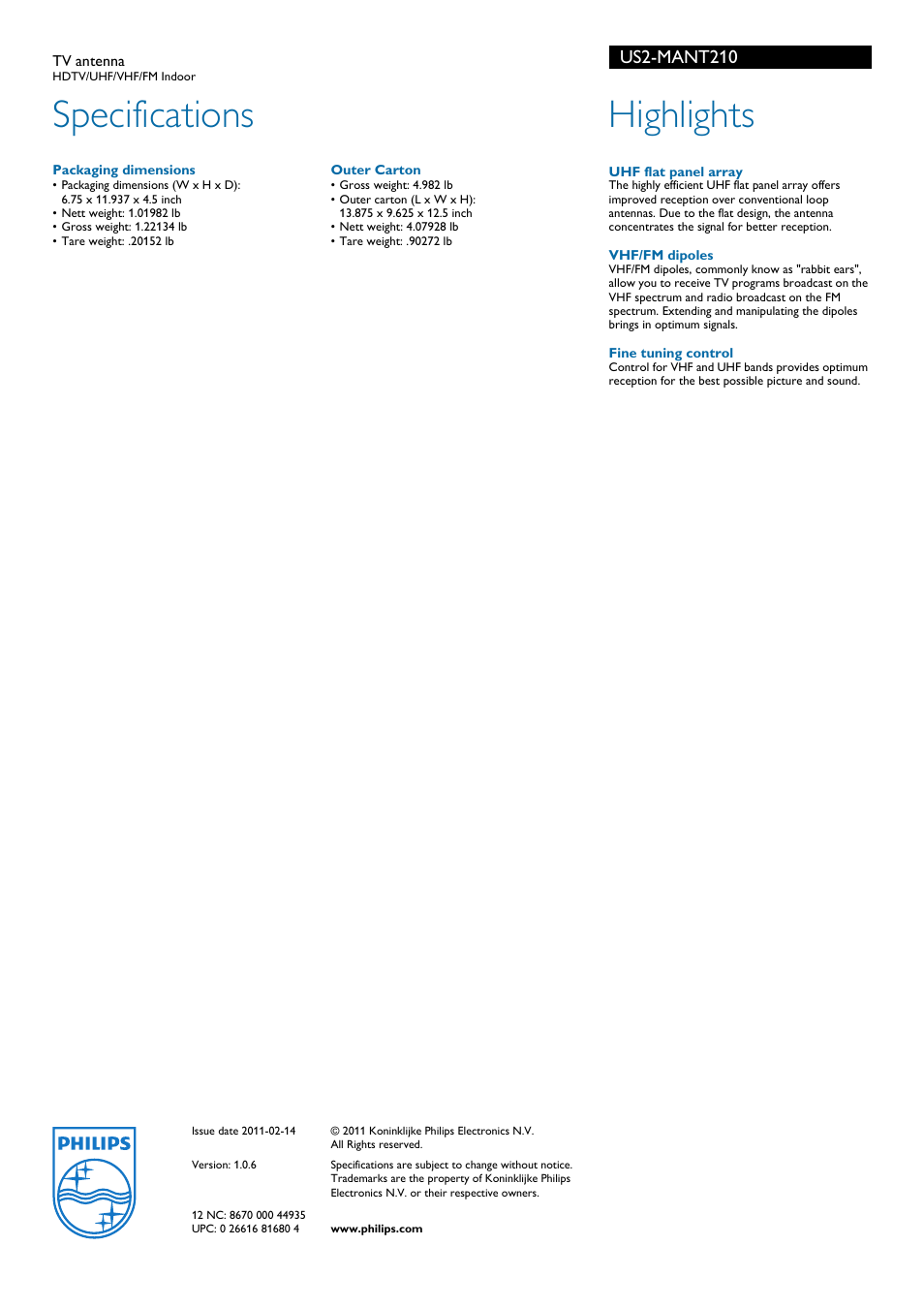 Specifications, Highlights, Us2-mant210 | Philips US2-MANT210 User Manual | Page 2 / 2