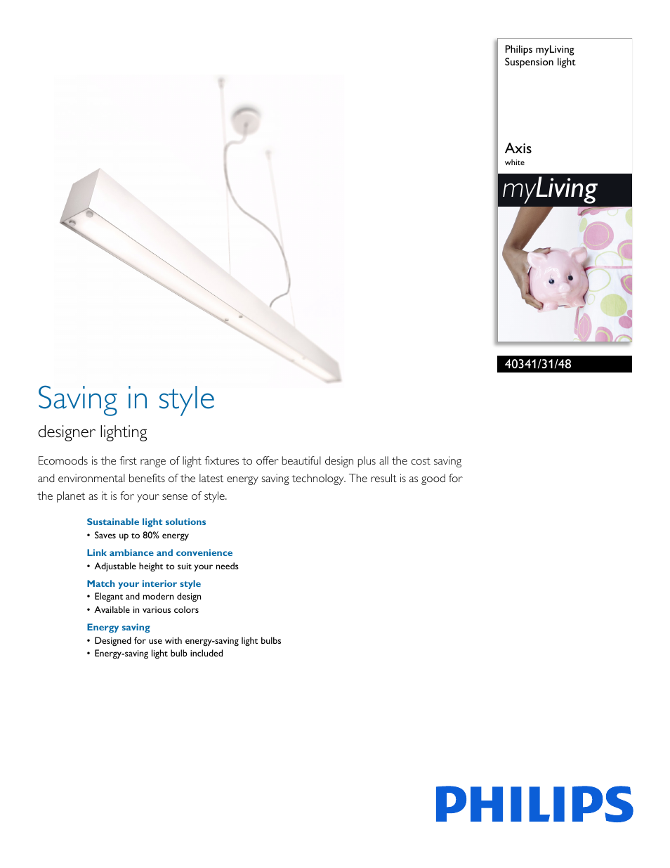 Philips myLiving Suspension light 40341-31-48 Axis white User Manual | 2 pages