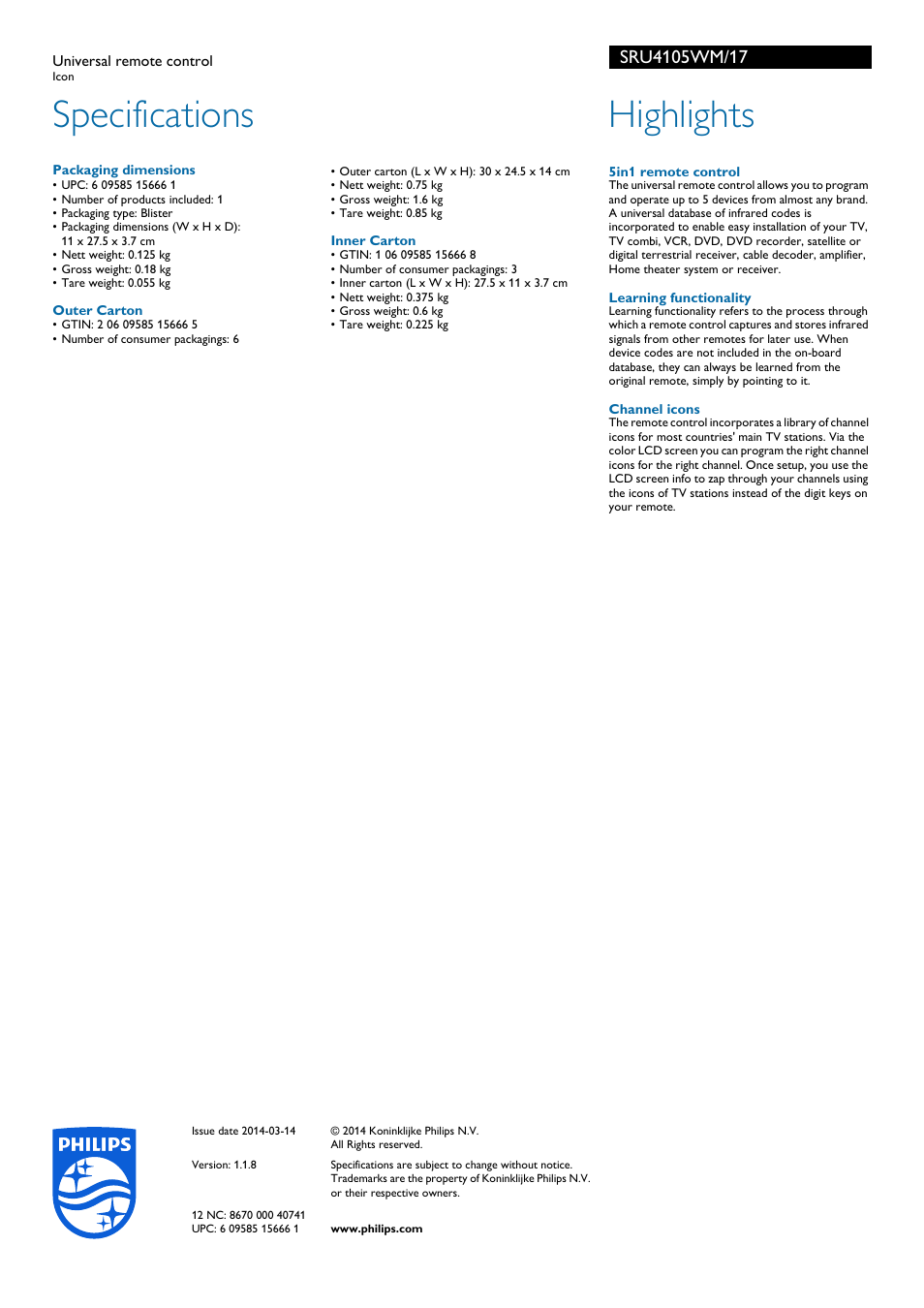 Specifications, Highlights | Philips SRU4105WM-17 User Manual | Page 2 / 2