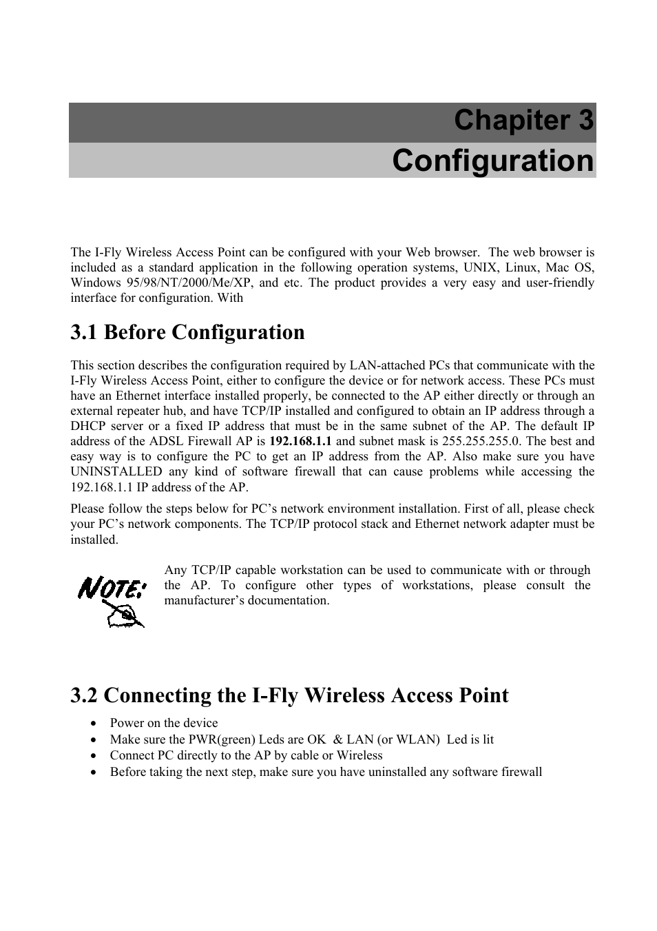Configuration, Chapiter 3, 1 before configuration | 2 connecting the i-fly wireless access point | Atlantis Land i I-Fly Wireless Access Point User Manual | Page 10 / 42