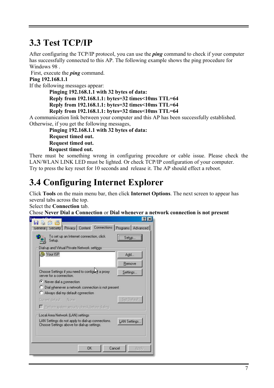 3 test tcp/ip, 4 configuring internet explorer | Atlantis Land i I-Fly Wireless Access Point User Manual | Page 11 / 42