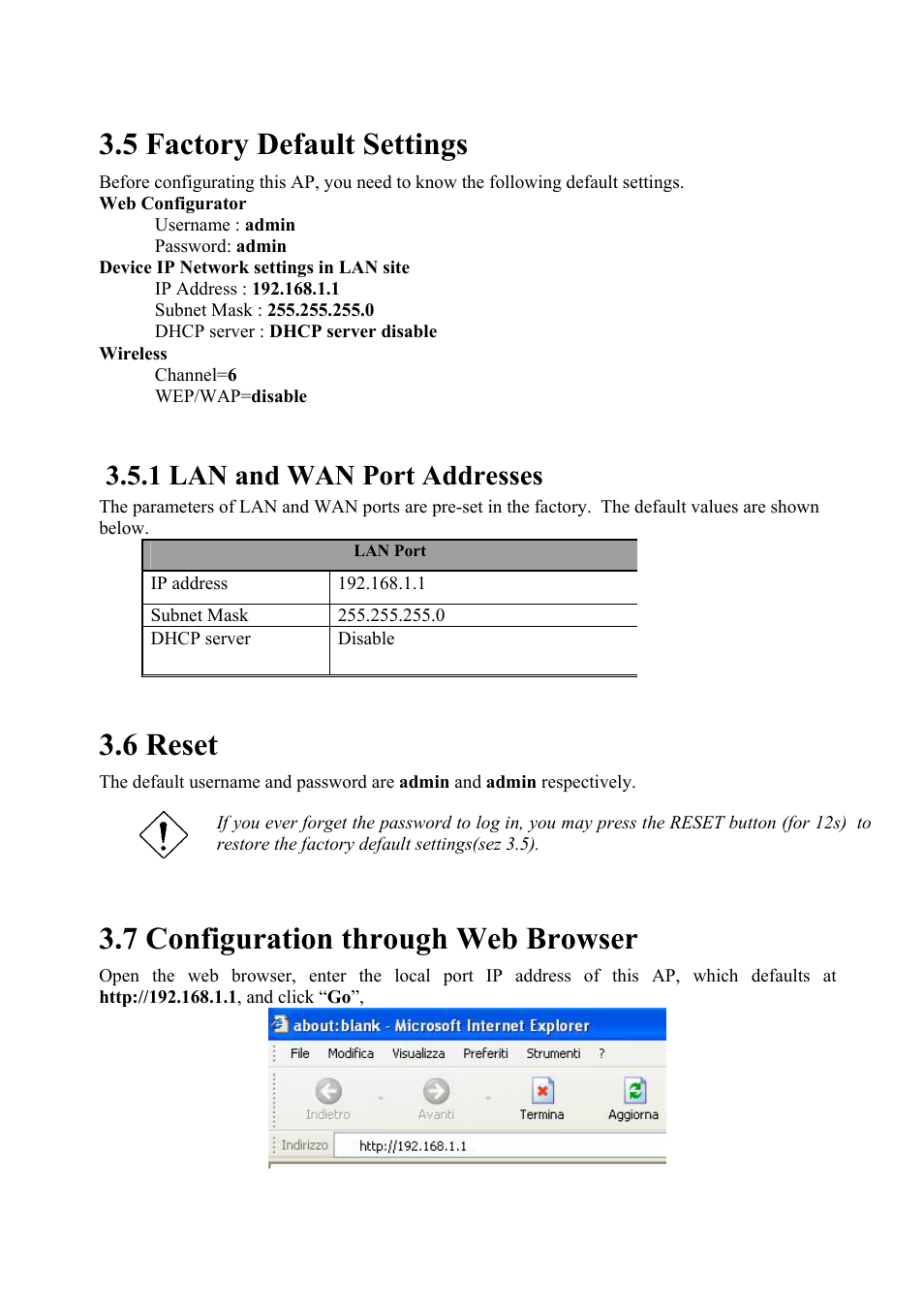 5 factory default settings, 6 reset, 7 configuration through web browser | 1 lan and wan port addresses | Atlantis Land i I-Fly Wireless Access Point User Manual | Page 12 / 42