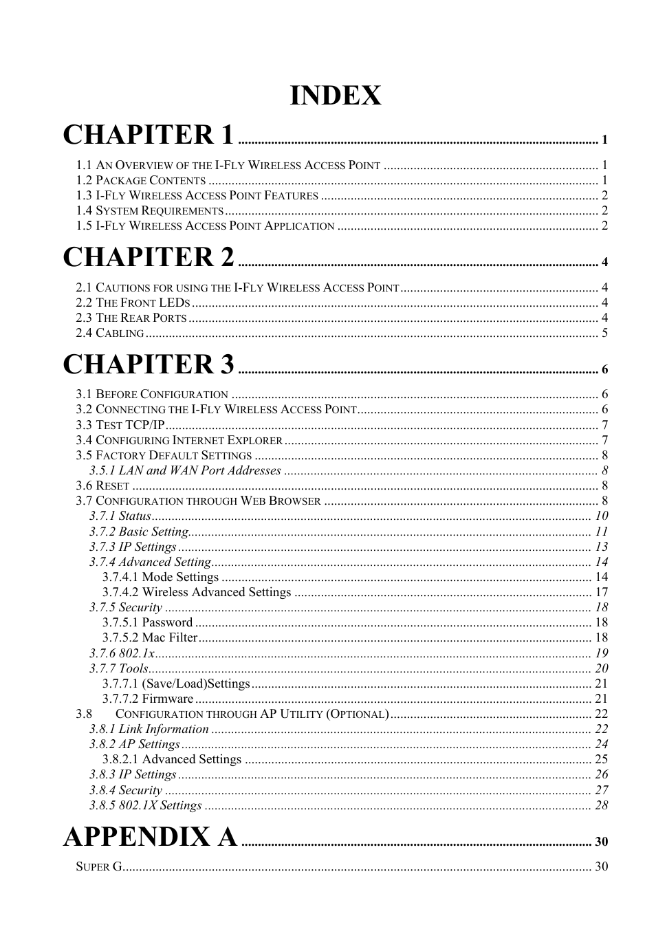 Index chapiter 1, Chapiter 2, Chapiter 3 | Appendix a | Atlantis Land i I-Fly Wireless Access Point User Manual | Page 3 / 42