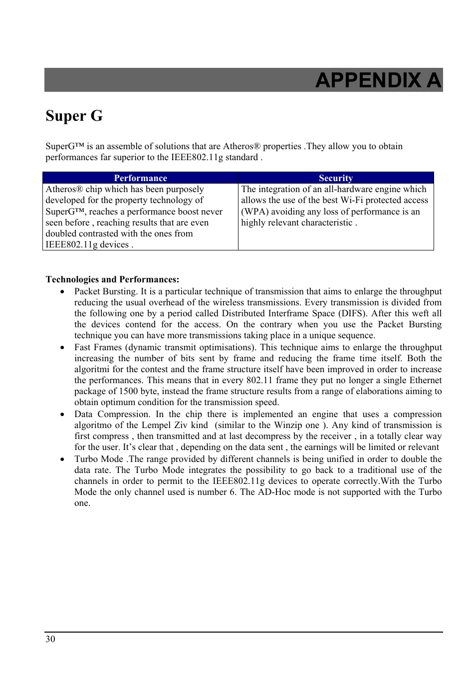 Appendix a, Super g | Atlantis Land i I-Fly Wireless Access Point User Manual | Page 34 / 42