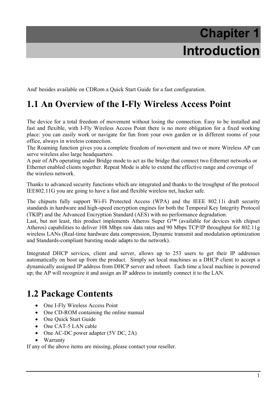 Introduction, Chapiter 1, 1 an overview of the i-fly wireless access point | 2 package contents | Atlantis Land i I-Fly Wireless Access Point User Manual | Page 5 / 42