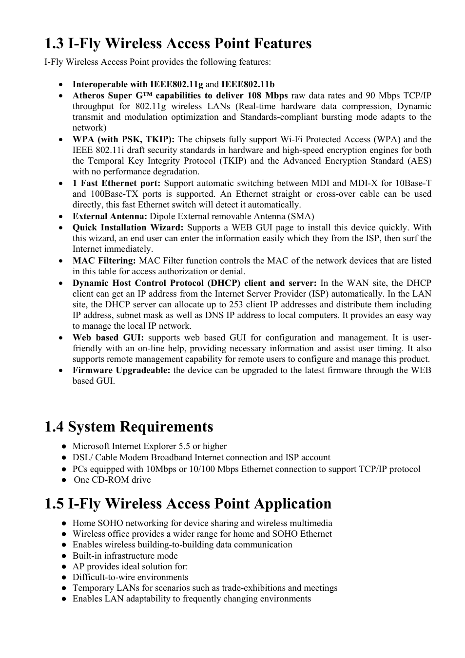 3 i-fly wireless access point features, 4 system requirements, 5 i-fly wireless access point application | Atlantis Land i I-Fly Wireless Access Point User Manual | Page 6 / 42