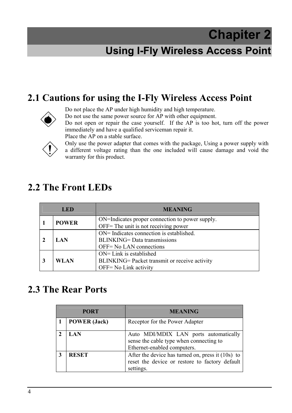 Chapiter 2, Using i-fly wireless access point, 2 the front leds | 3 the rear ports | Atlantis Land i I-Fly Wireless Access Point User Manual | Page 8 / 42