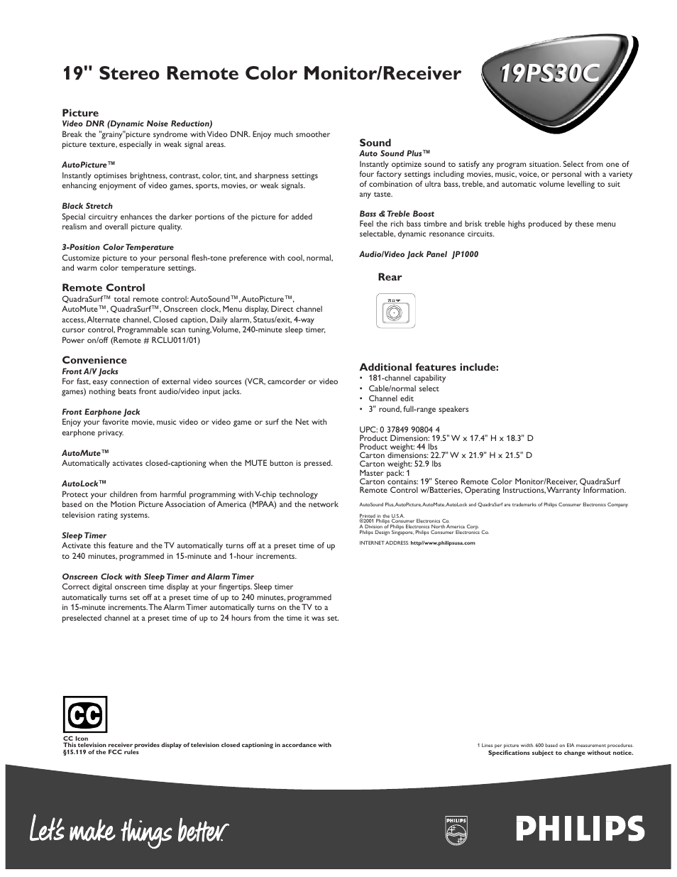 19ps30c, 19" stereo remote color monitor/receiver | Philips 19PS30C User Manual | Page 2 / 2