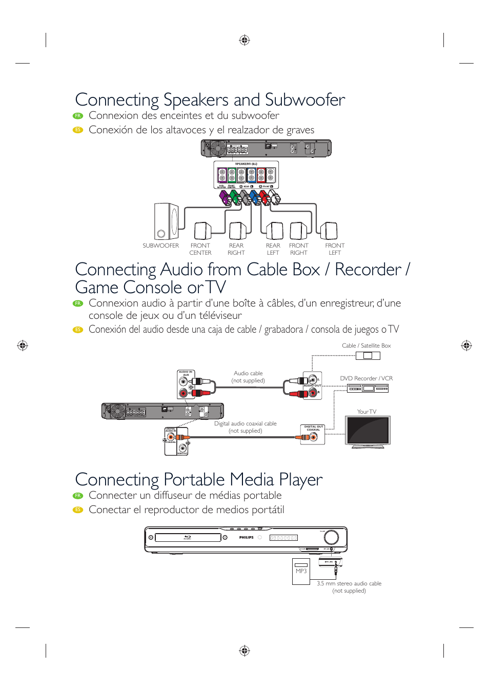 Connecting speakers and subwoofer, Connecting portable media player, Connexion des enceintes et du subwoofer | Conexión de los altavoces y el realzador de graves, Connecter un diffuseur de médias portable, Conectar el reproductor de medios portátil | Philips Blu-ray home theater system HTS3106 User Manual | Page 6 / 8