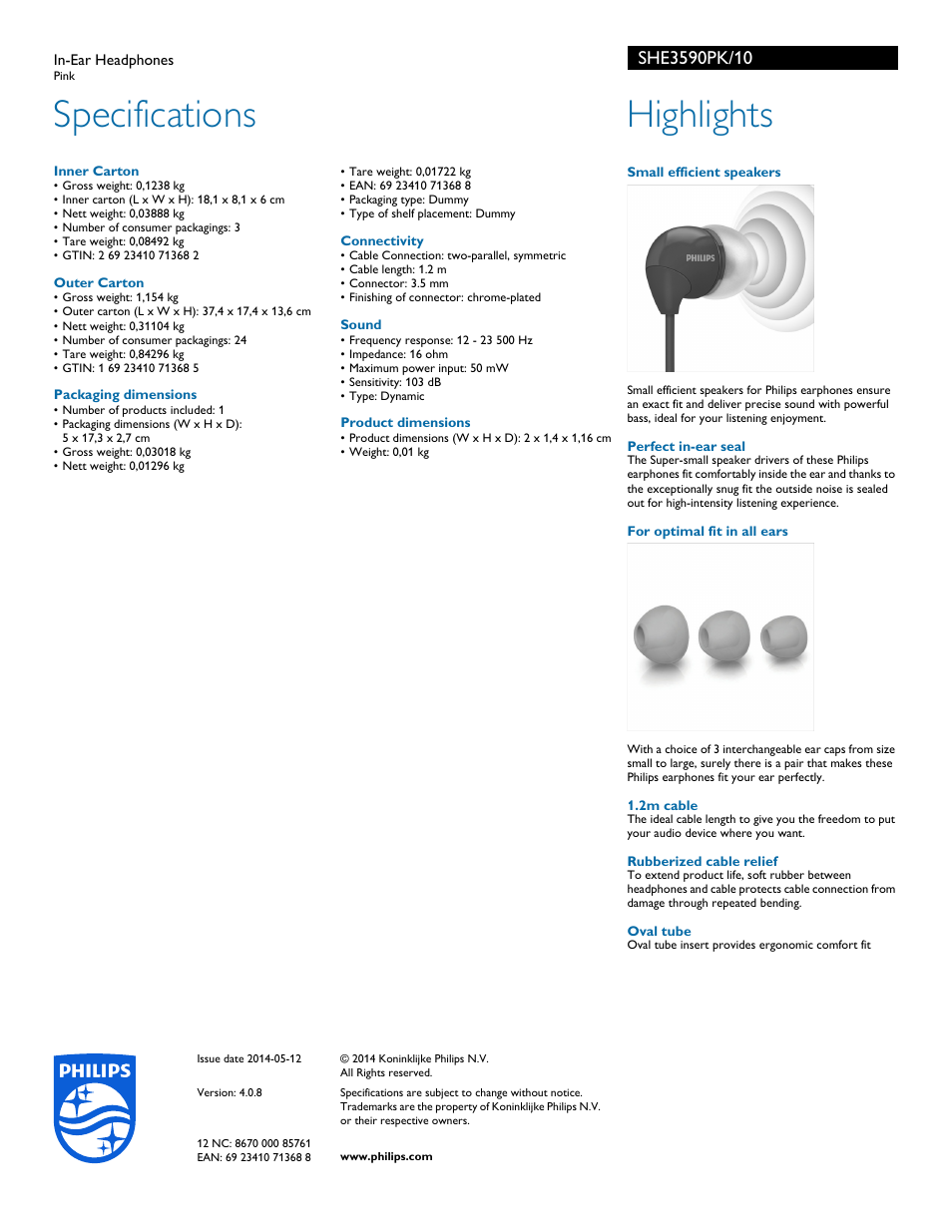 Specifications, Highlights | Philips SHE3590PK-10 User Manual | Page 2 / 2