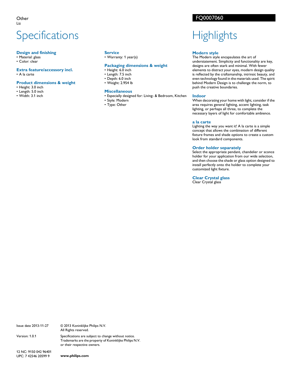 Specifications, Highlights | Philips FQ0007060 User Manual | Page 2 / 2