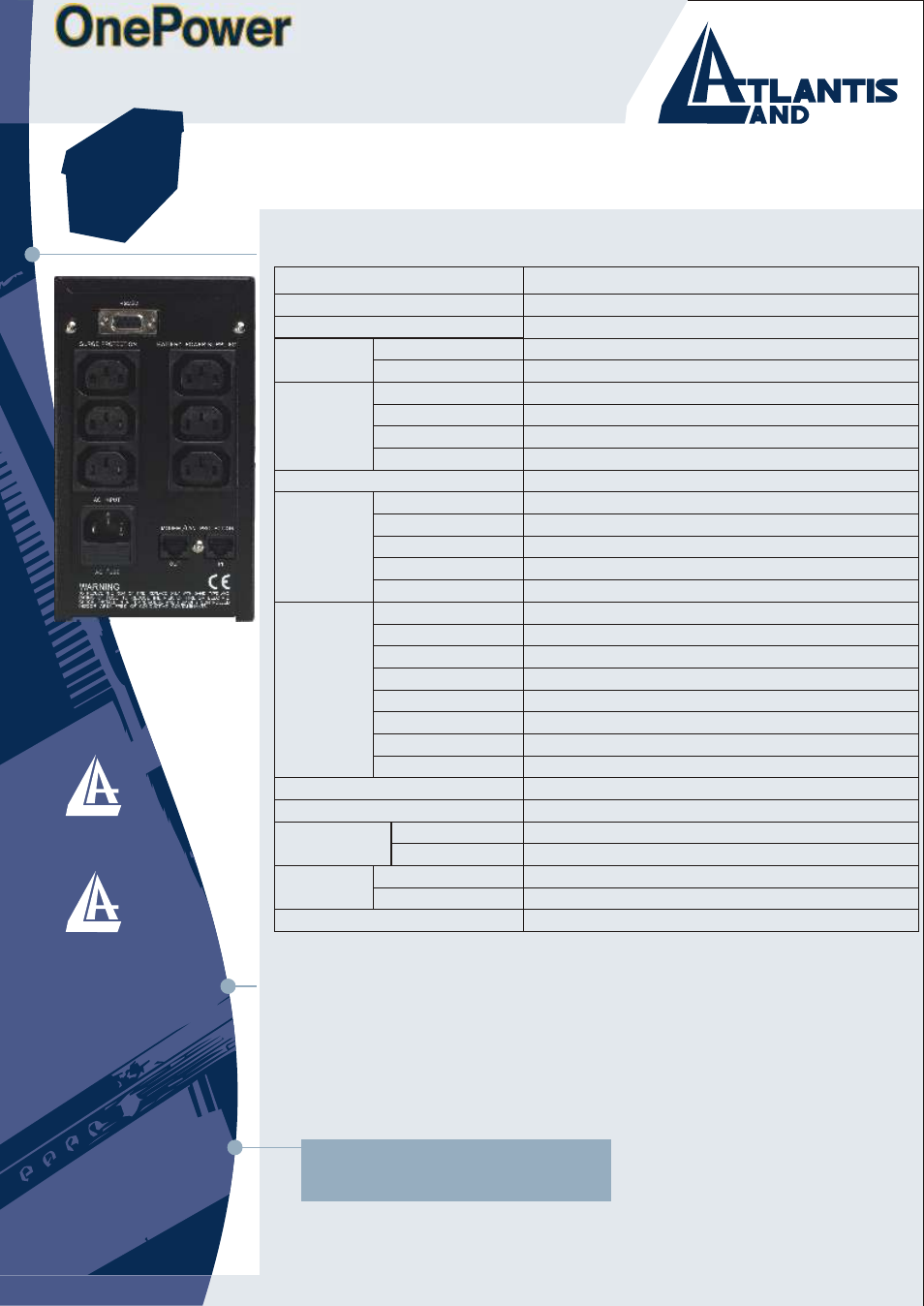 Line interactive technology, Where solutions begin, Technical features | Warranty 3 years “on site | Atlantis Land OnePower A03-S801 User Manual | Page 2 / 2