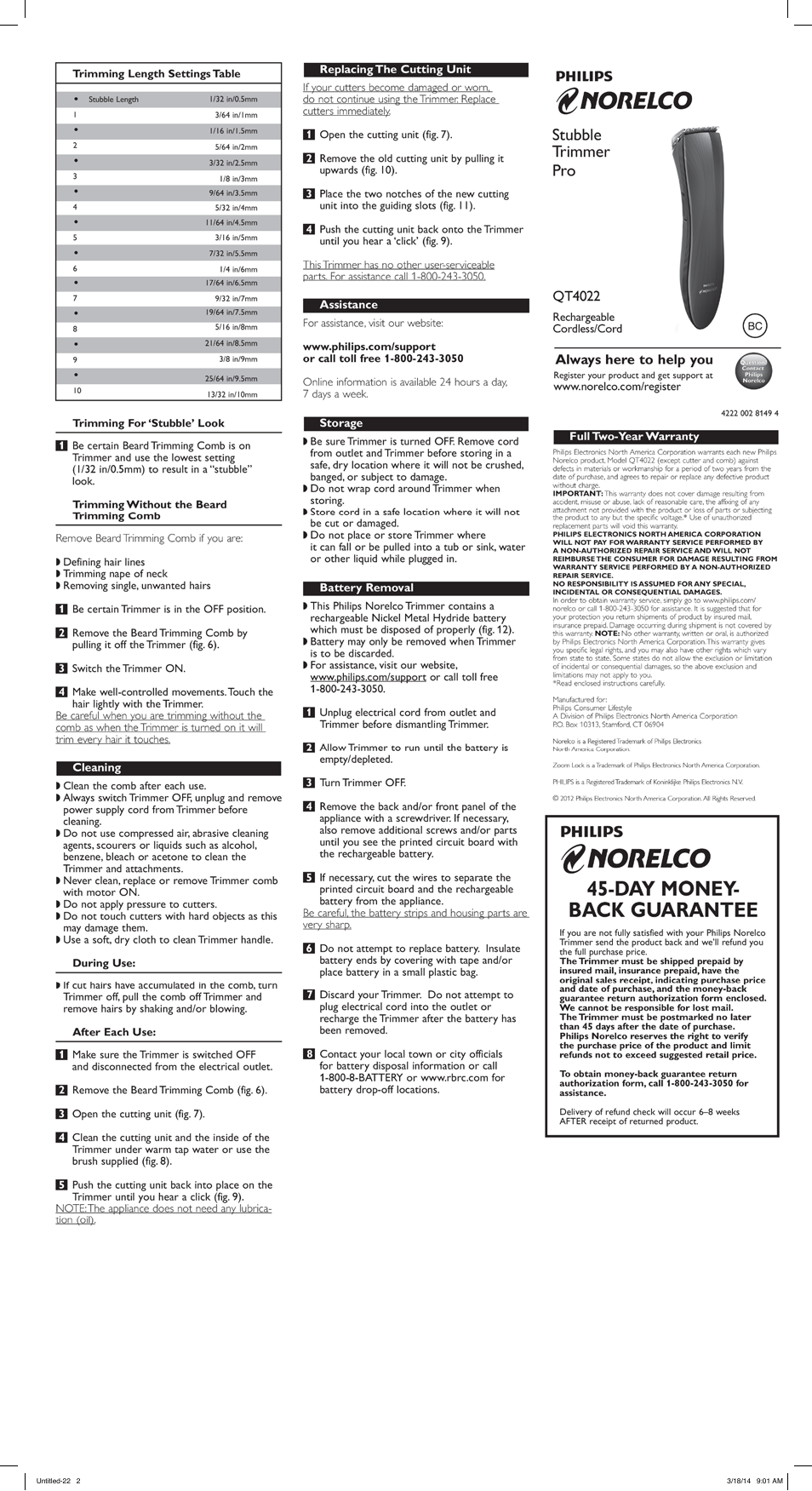 Storage, F,norelco, Norelco | Day money- back guarantee, Philips, Stubble trimmer pro, Always here to help you | Philips QT4022-32 User Manual | Page 2 / 2