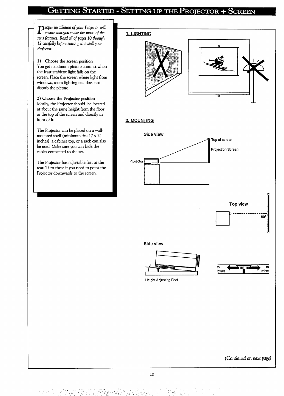 Lighting, Mounting, Top view | Etting, Tarted, Rojector, Creen | Philips LCD PROJECTOR User Manual | Page 10 / 60