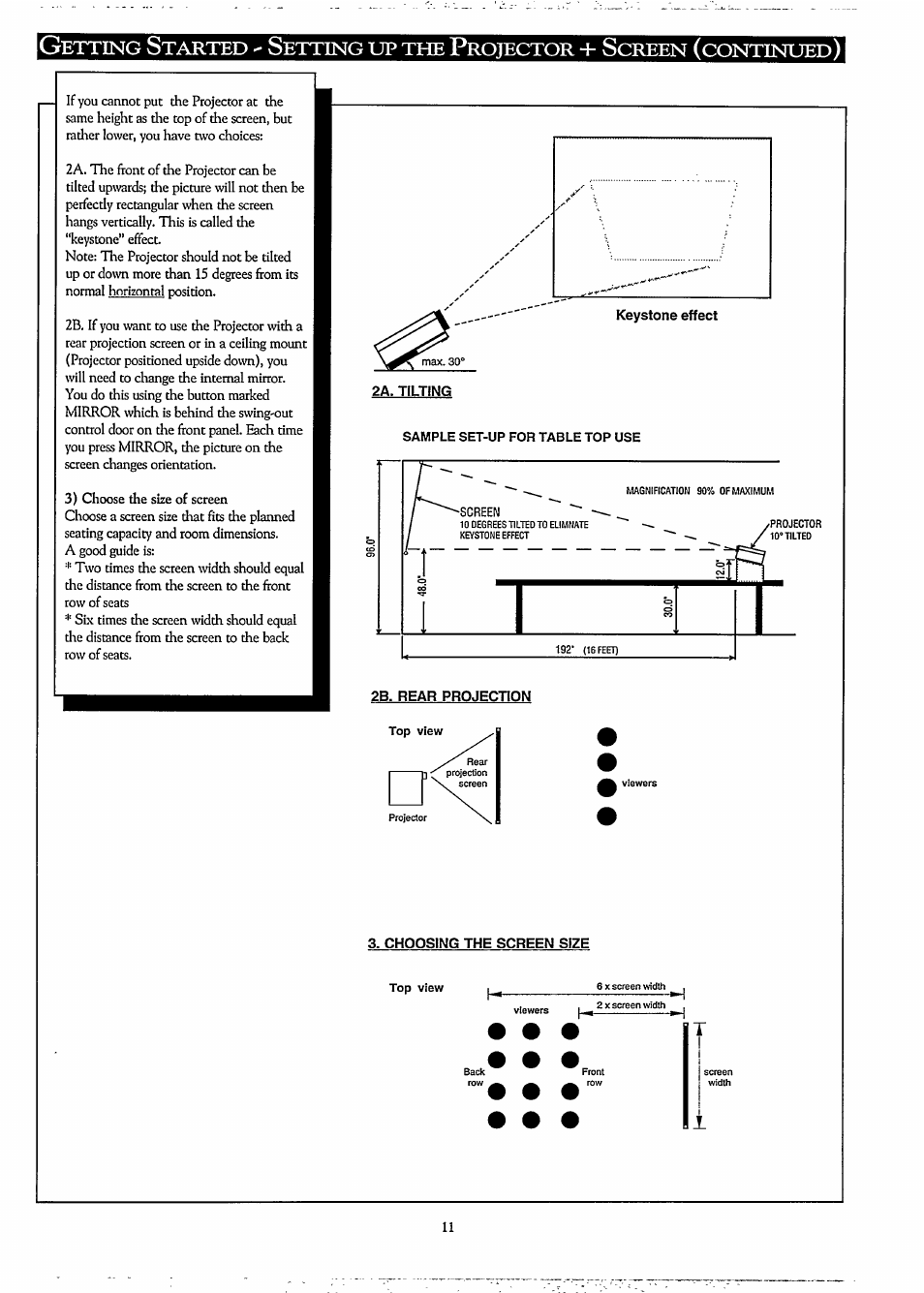 Choosing the screen size, Etting, Tarted | Rojector, Creen, Continued | Philips LCD PROJECTOR User Manual | Page 11 / 60