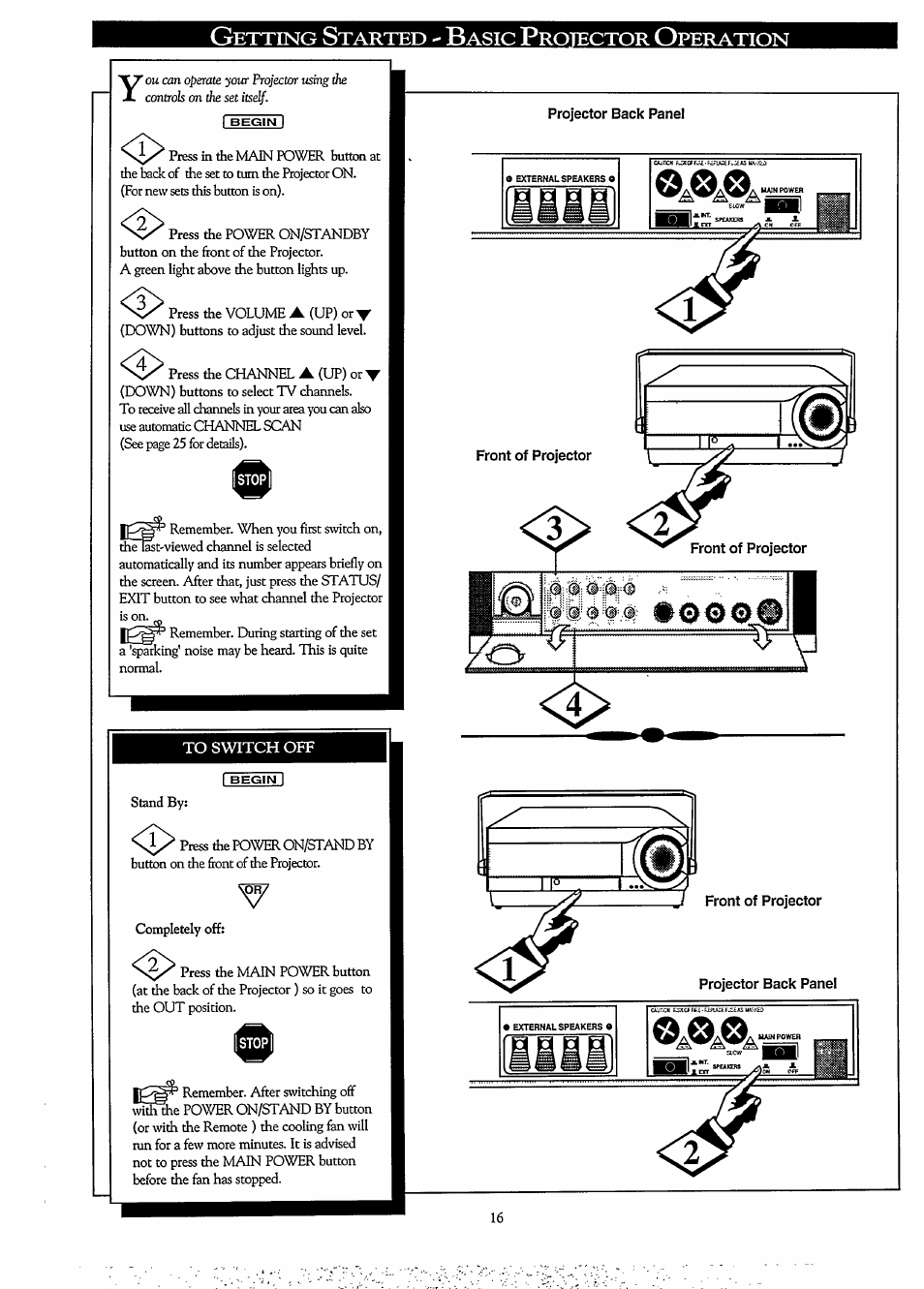 To switch off, Front of projector, Projector back panel | Etting, Tarted, Asic, Rotector, Peration | Philips LCD PROJECTOR User Manual | Page 16 / 60