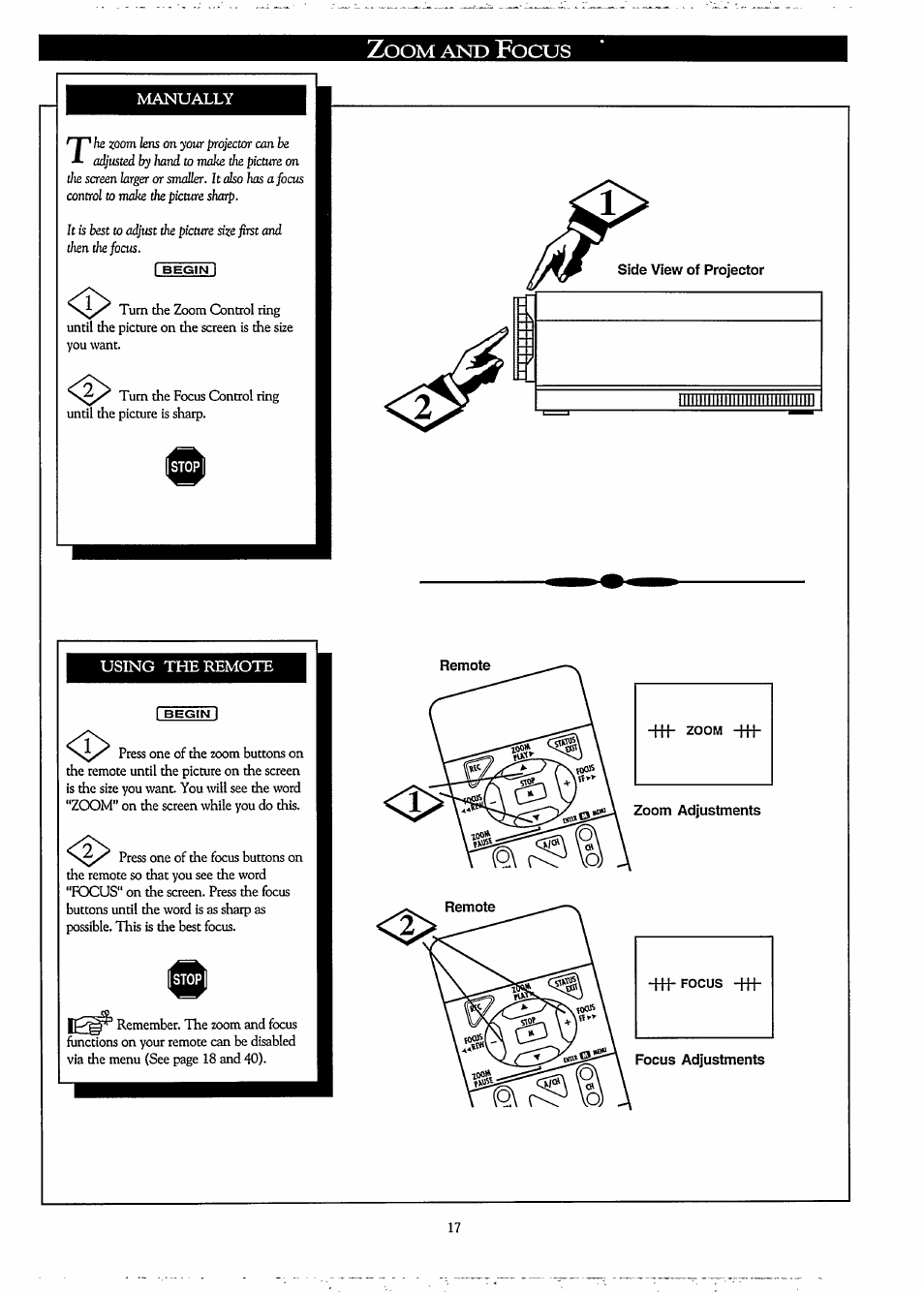 Zoom and focus, Manually, Using the remote | Zoom adjustments, Focus adjustments | Philips LCD PROJECTOR User Manual | Page 17 / 60