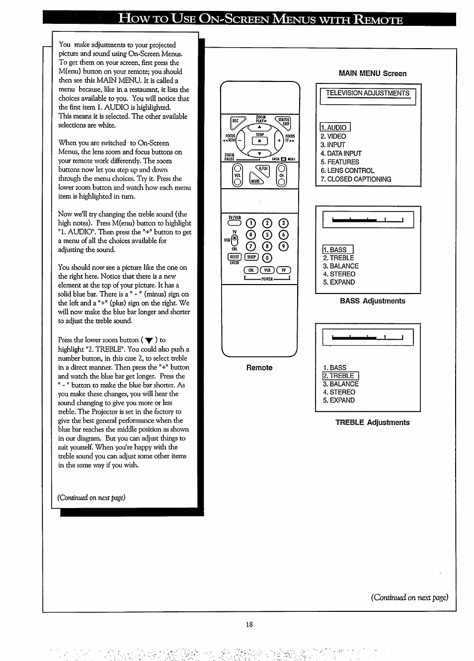 How to use on-screen menus with remote, Main menu screen, Remote | Bass adjustments, Treble adjustments, How to use on-screen menus | Philips LCD PROJECTOR User Manual | Page 18 / 60