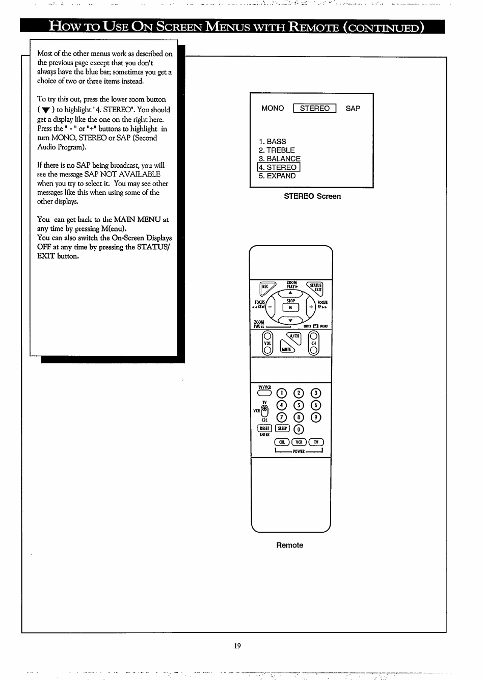 How to use on screen menus wito remote (continued), Stereo screen, Remote | Philips LCD PROJECTOR User Manual | Page 19 / 60