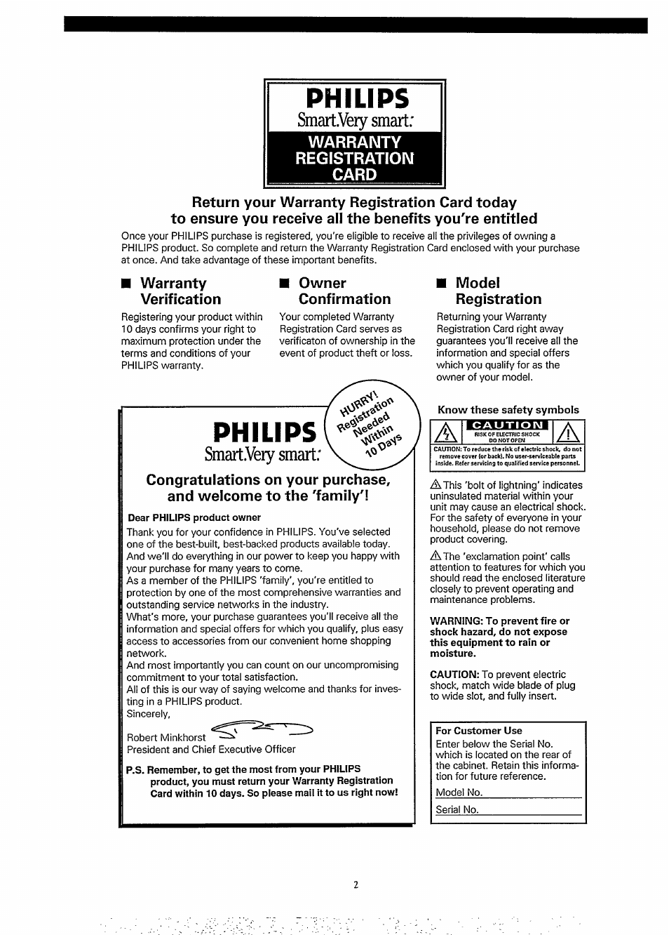 Dear philips product owner, Know these safety symbols, For customer use | Philips, Smartveiy smart, Smartvery smart, Warranty registration card, Warranty verification, Owner confirmation, Model registration | Philips LCD PROJECTOR User Manual | Page 2 / 60