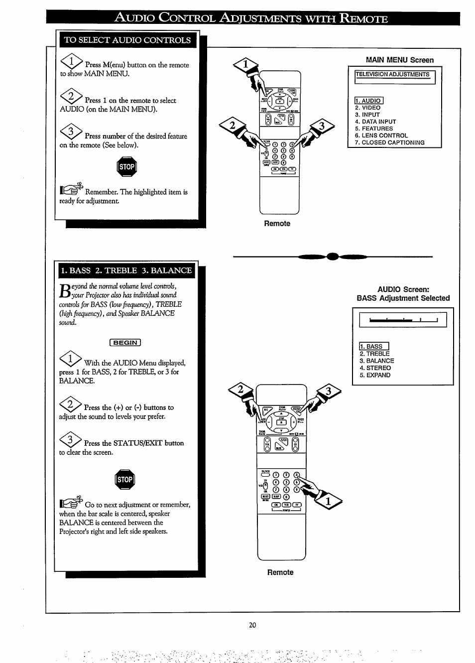 To select audio controls, Main menu screen, L.bass 2. treble 3. balance | Audio screen, Bass adjustment selected, Bass, treble, balance, Udio, Ontrol, Djustments, With | Philips LCD PROJECTOR User Manual | Page 20 / 60