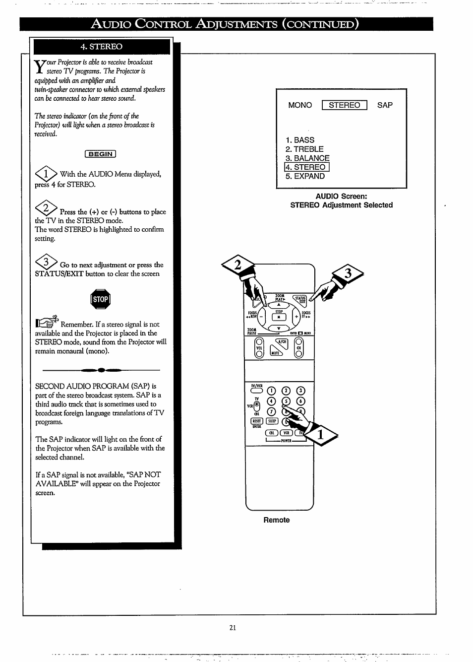 Stereo, Mono, Bass | Treble, Balance, Expand, Audio screen: stereo adjustment selected, Remote, Udio, Ontrol | Philips LCD PROJECTOR User Manual | Page 21 / 60