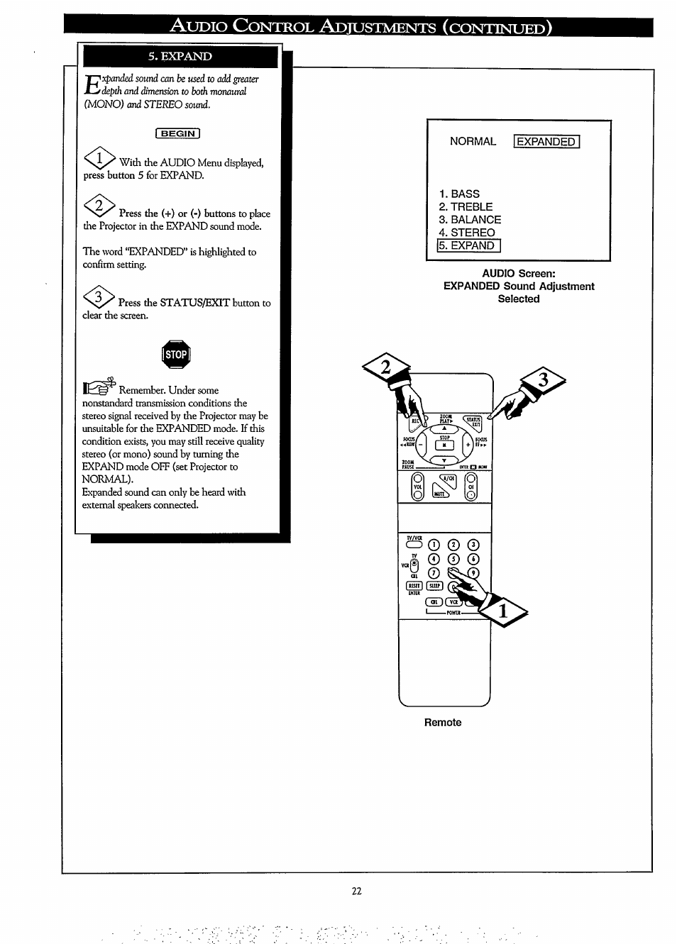 Expand, Bass, Treble | Balance, Stereo, Audio screen, Expanded sound adjustment selected, Remote, Udio, Ontrol | Philips LCD PROJECTOR User Manual | Page 22 / 60