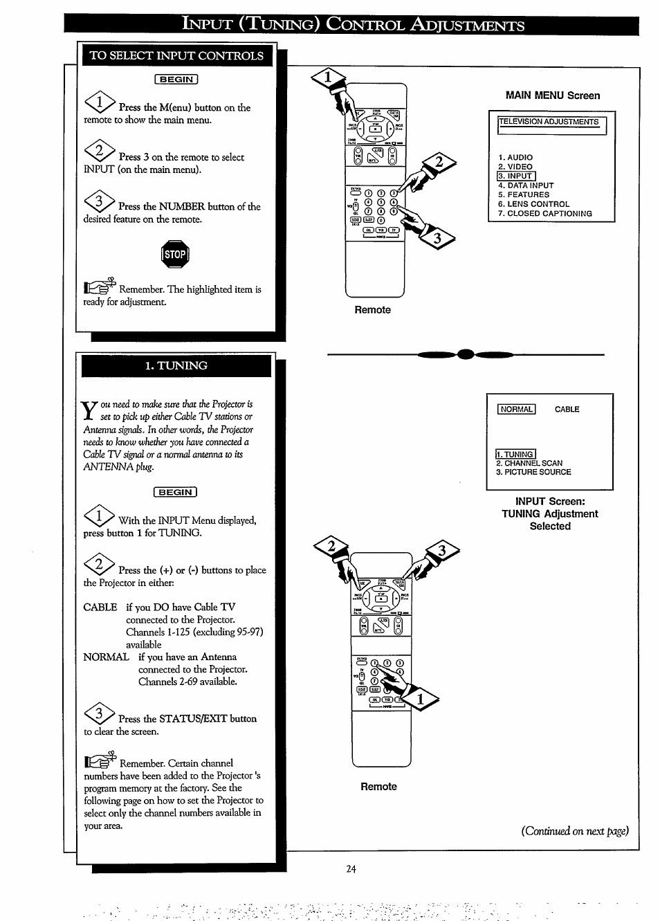 Main menu screen, Remote, Input screen: tuning adj'ustment selected | Nput, Uning, Ontrol, Djustments | Philips LCD PROJECTOR User Manual | Page 24 / 60