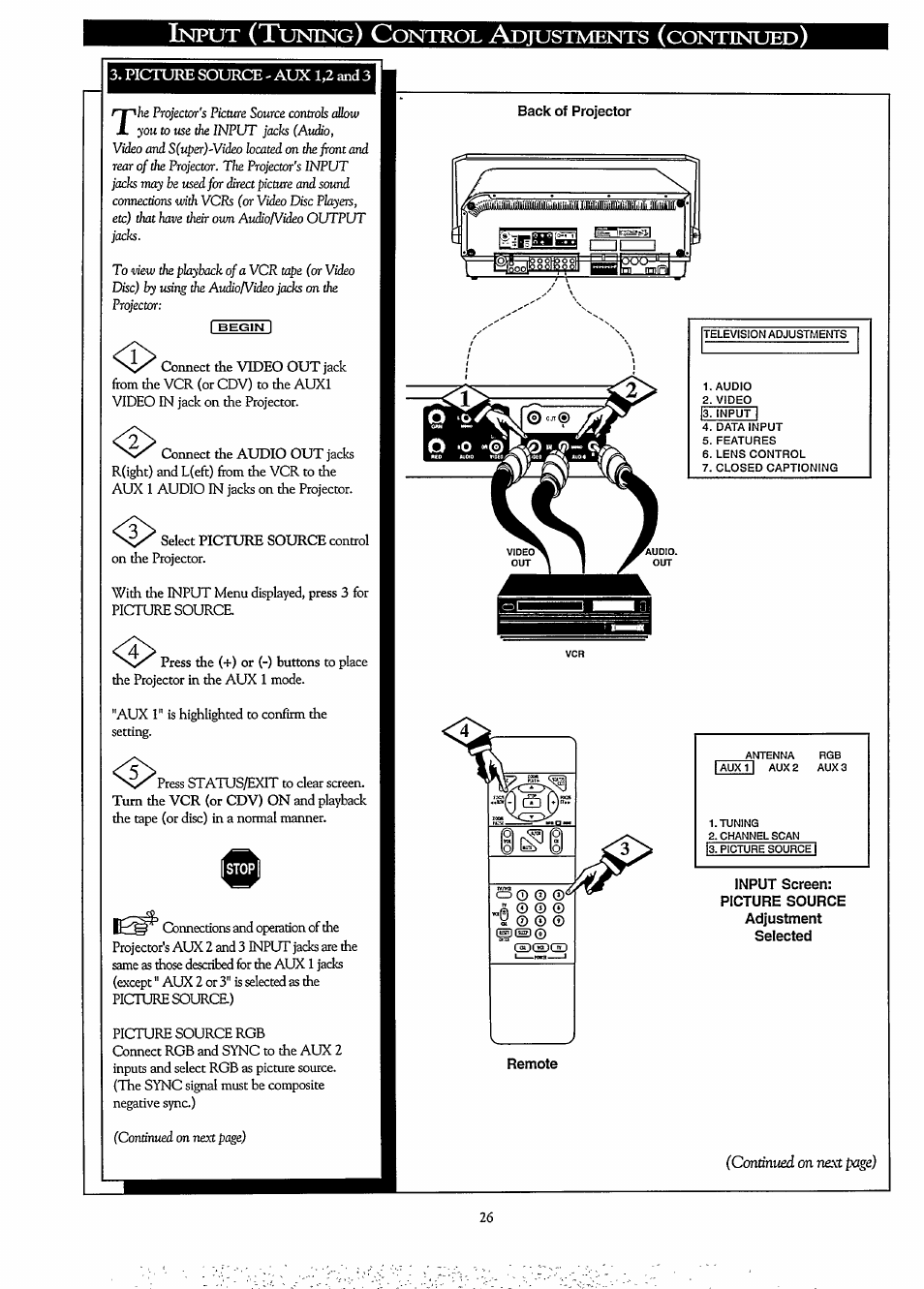 Picture source - aux 1,2 and 3, Picture source - aux 1, aux 2 & aux 3, Nput | Uning, Ontrol, Djustments, Continued | Philips LCD PROJECTOR User Manual | Page 26 / 60