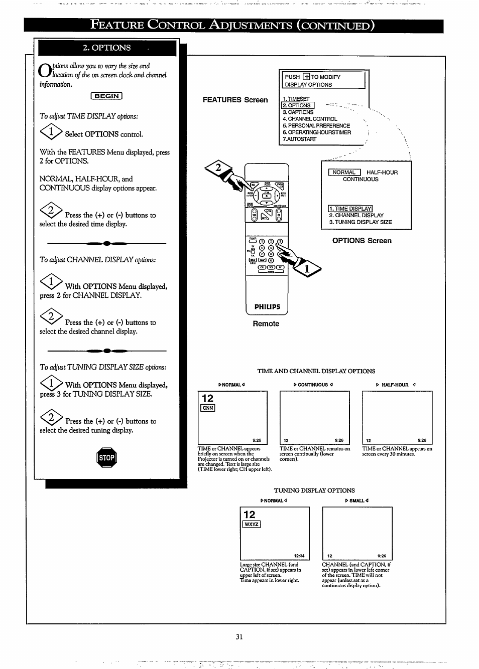 Options, Features screen, Eature | Ontrol, Djustments, Continued | Philips LCD PROJECTOR User Manual | Page 31 / 60