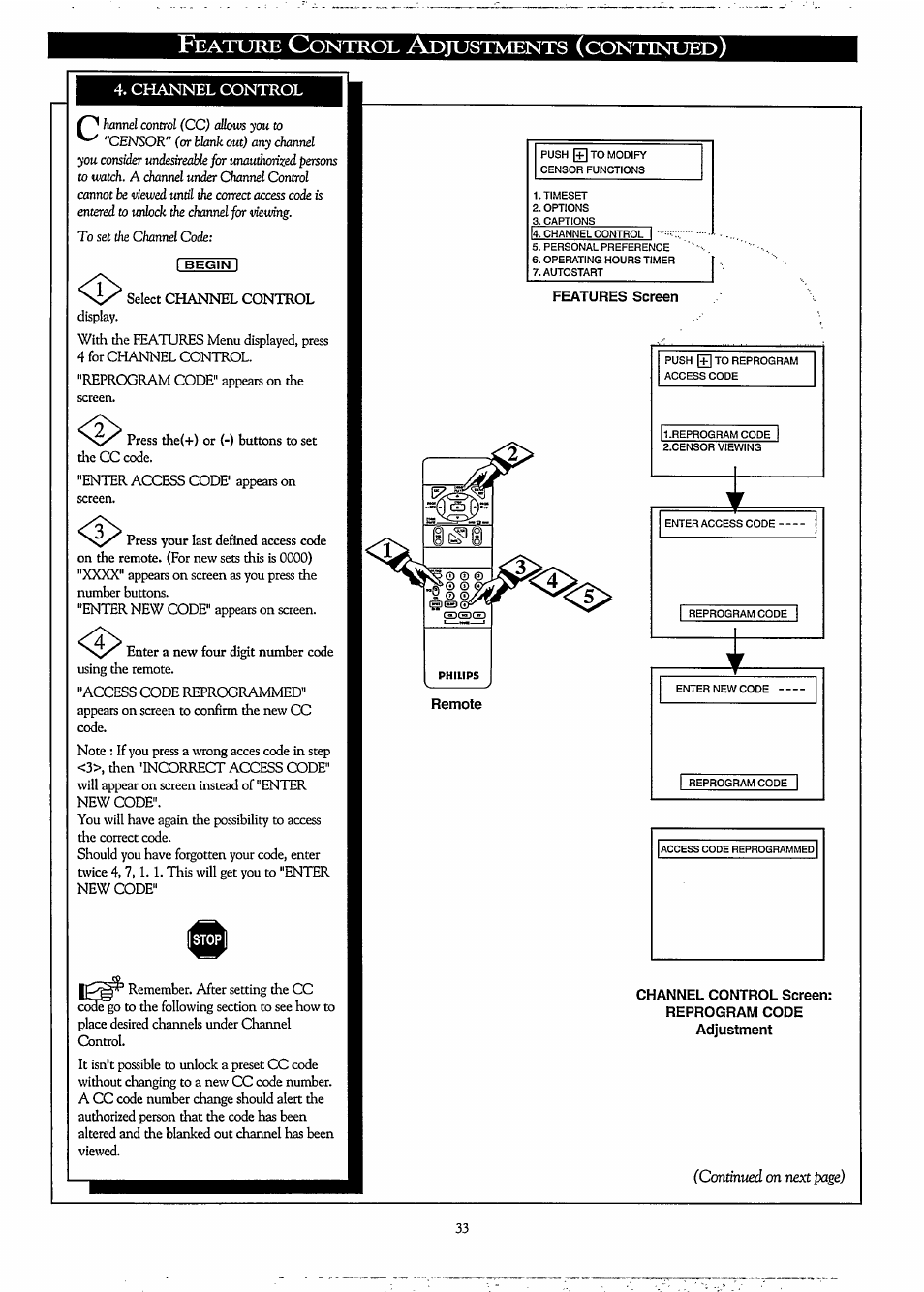 Channel control, Features screen, Remote | Channel control screen: reprogram code adjustment, Eature, Ontrol, Djustments, Continued | Philips LCD PROJECTOR User Manual | Page 33 / 60