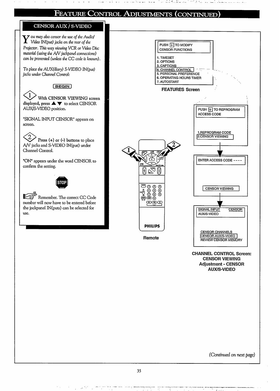 Eature, Ontrol, Djustments | Continued | Philips LCD PROJECTOR User Manual | Page 35 / 60