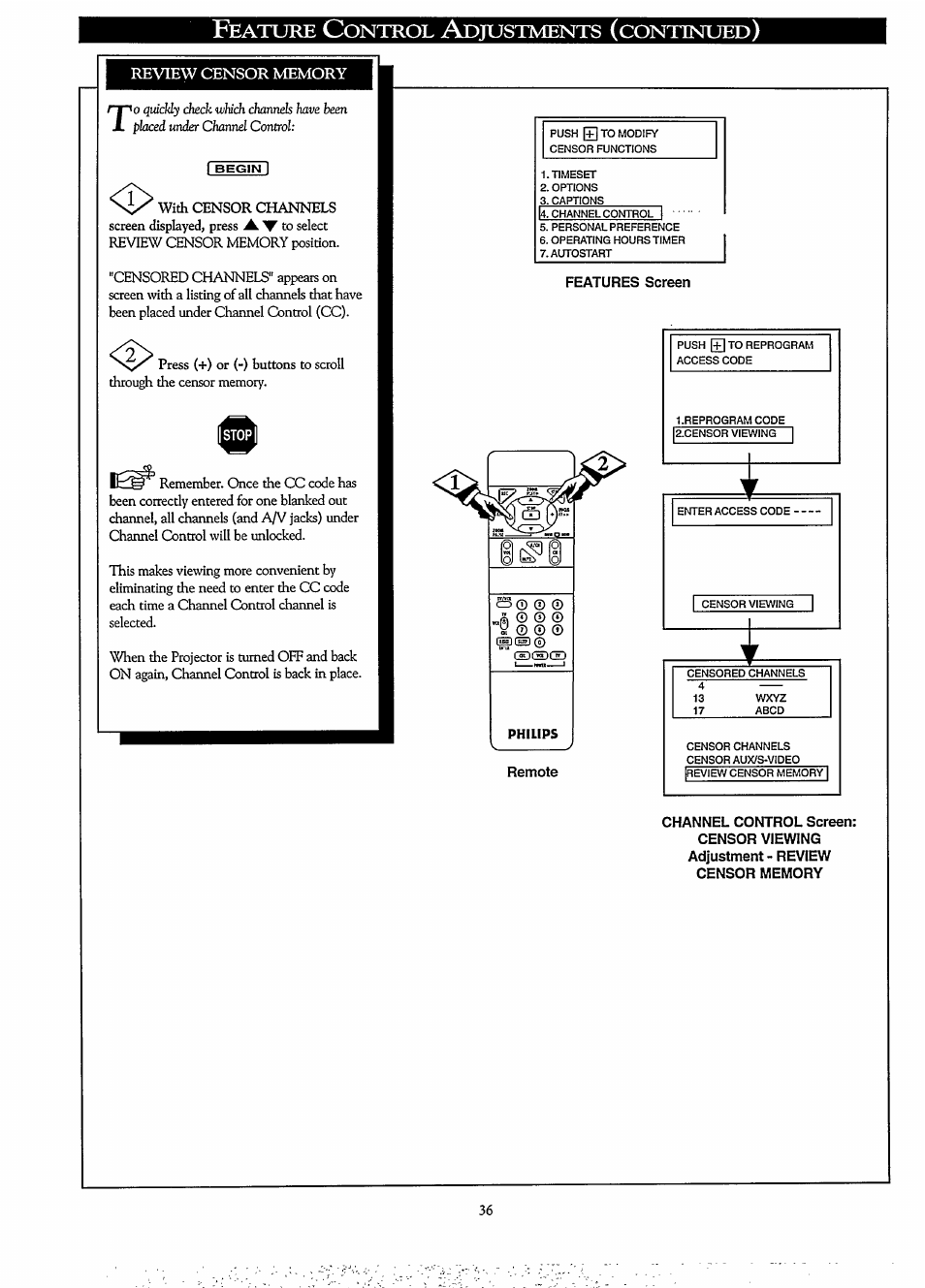 Eature, Ontrol, Djustments | Continued | Philips LCD PROJECTOR User Manual | Page 36 / 60