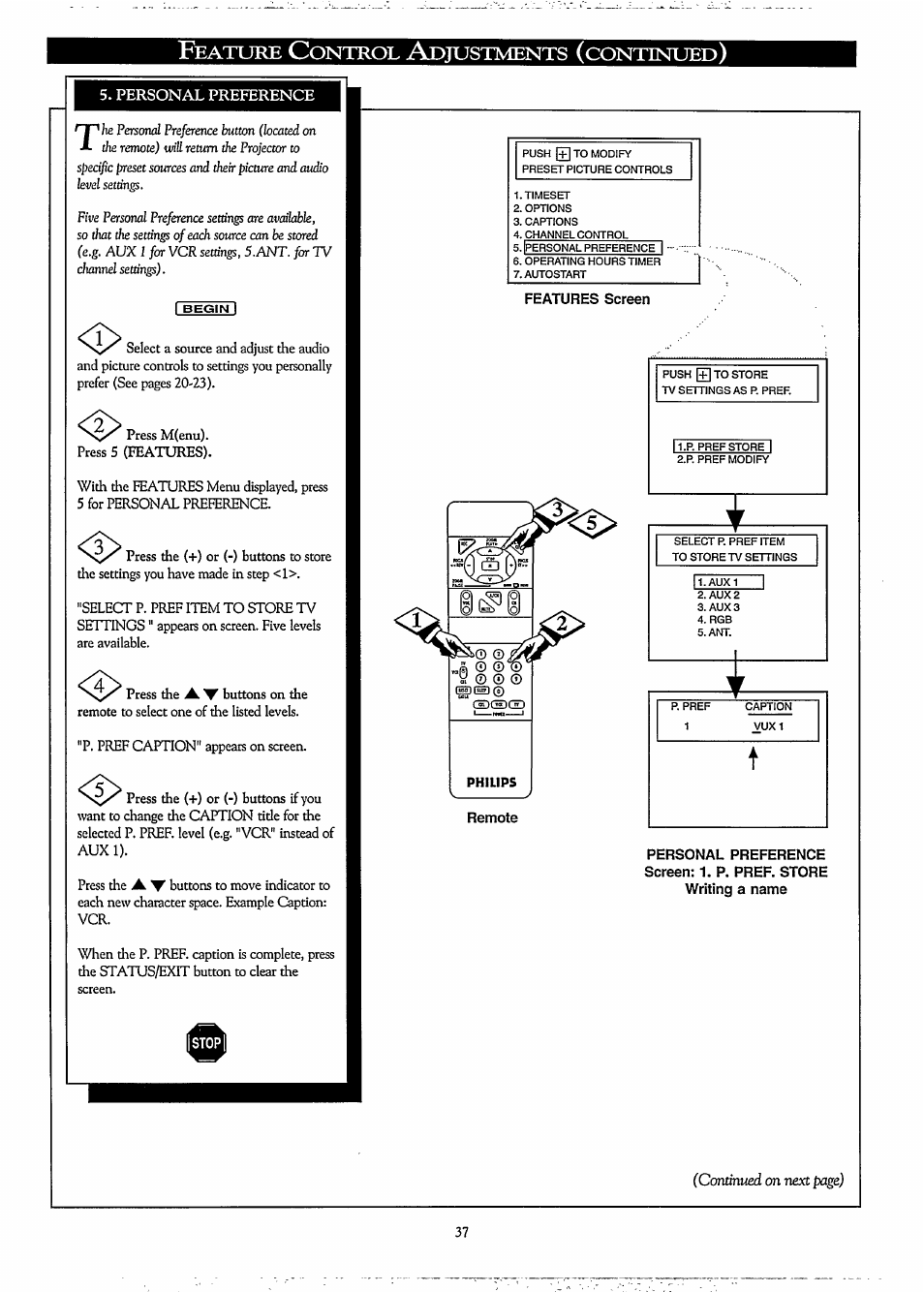 Personal preference, Features screen, Personal preferences | Eature, Ontrol, Djustments, Continued | Philips LCD PROJECTOR User Manual | Page 37 / 60