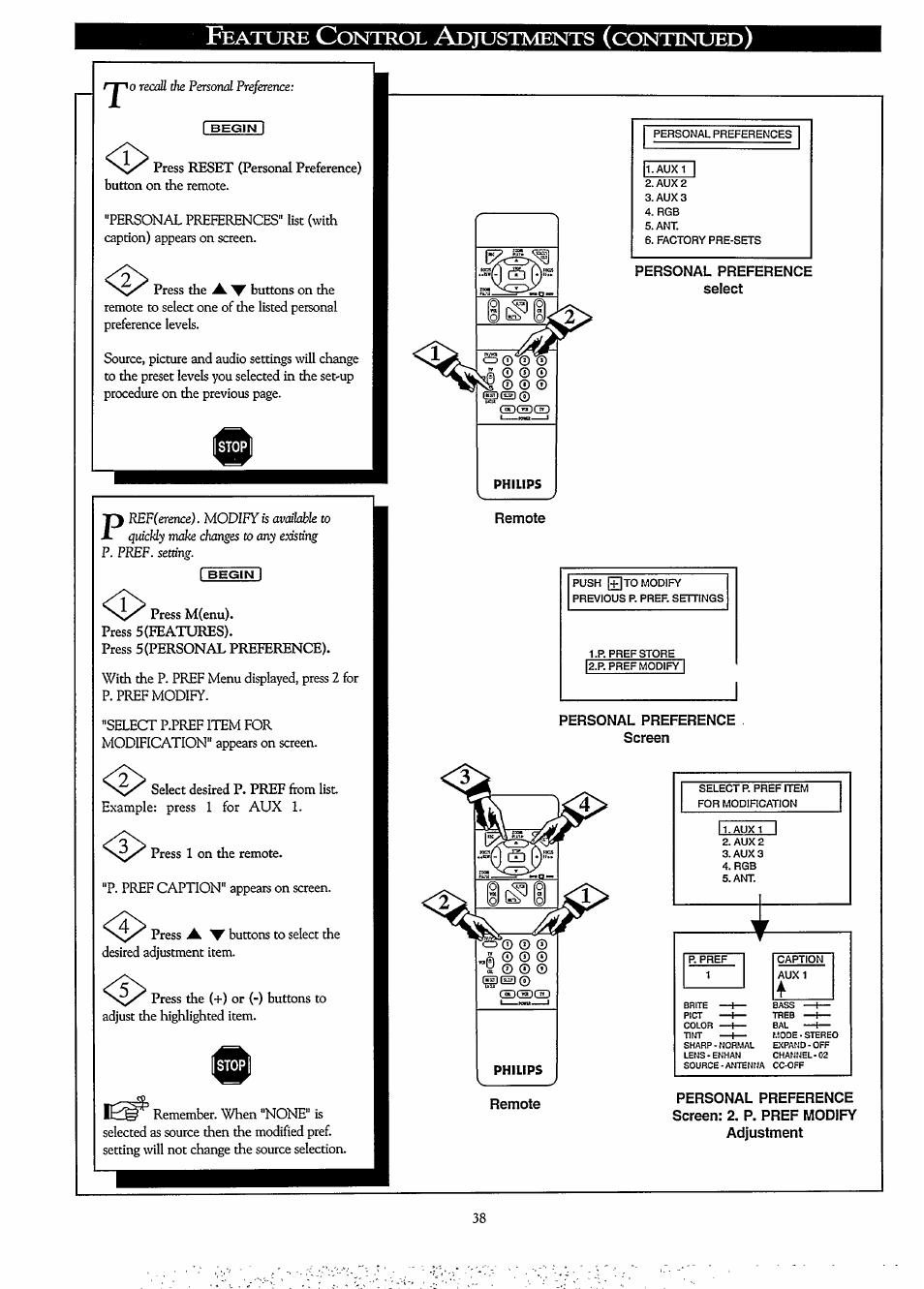 Personal preference select, Remote, Personal preference screen | Eature, Ontrol, Djustments, Continued | Philips LCD PROJECTOR User Manual | Page 38 / 60