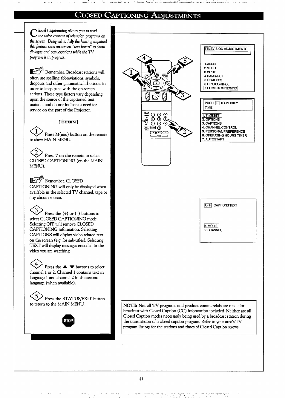 Closed captioning adjustments | Philips LCD PROJECTOR User Manual | Page 41 / 60