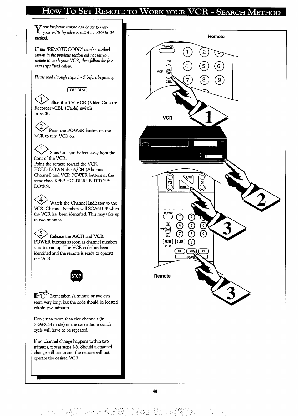 How to set remote to work your vcr - search method, Remote, How to | Philips LCD PROJECTOR User Manual | Page 48 / 60