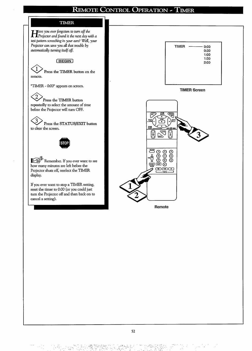 Remotie control operation - timer, Timer, Timer screen | Remote | Philips LCD PROJECTOR User Manual | Page 52 / 60