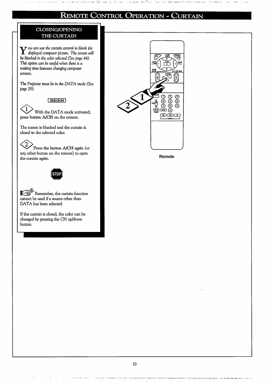 Closing/opening the curtain, Closing/opening curtain | Philips LCD PROJECTOR User Manual | Page 53 / 60