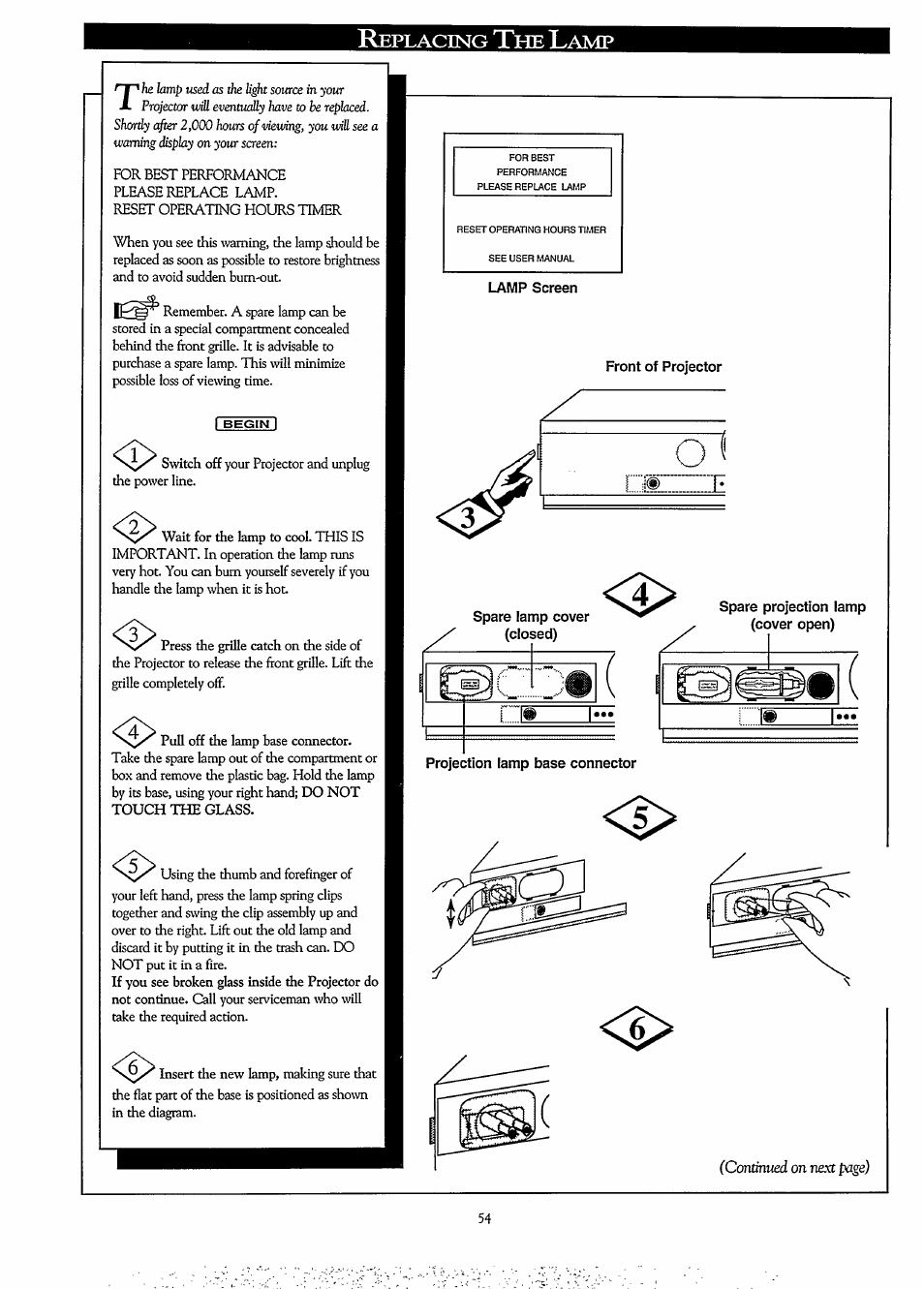 Replacing the lamp, Lamp screen, Front of projector | Philips LCD PROJECTOR User Manual | Page 54 / 60