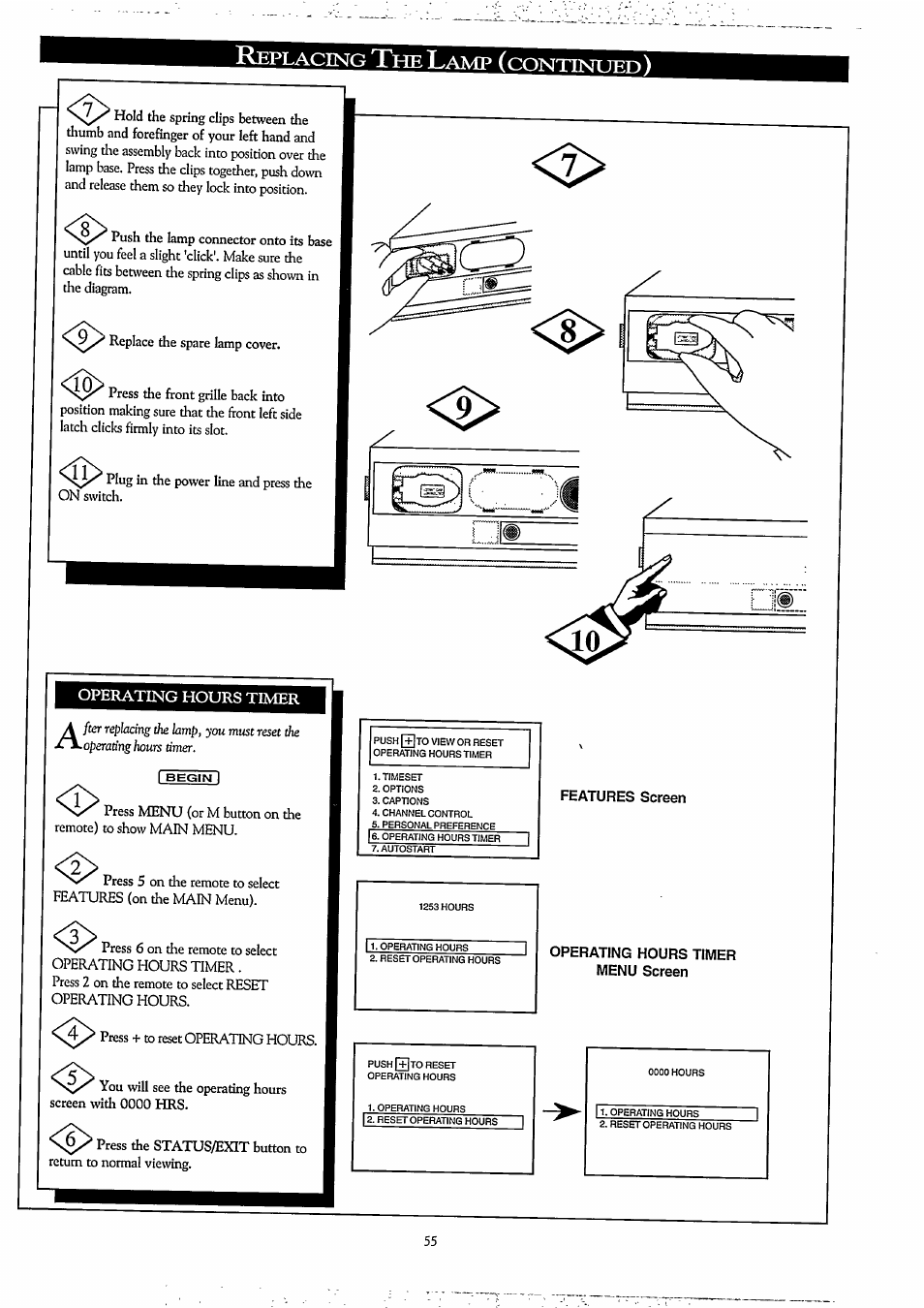 Replacing the lamp (continued), Operating hours timer, Features screen | Operating hours timer menu screen | Philips LCD PROJECTOR User Manual | Page 55 / 60