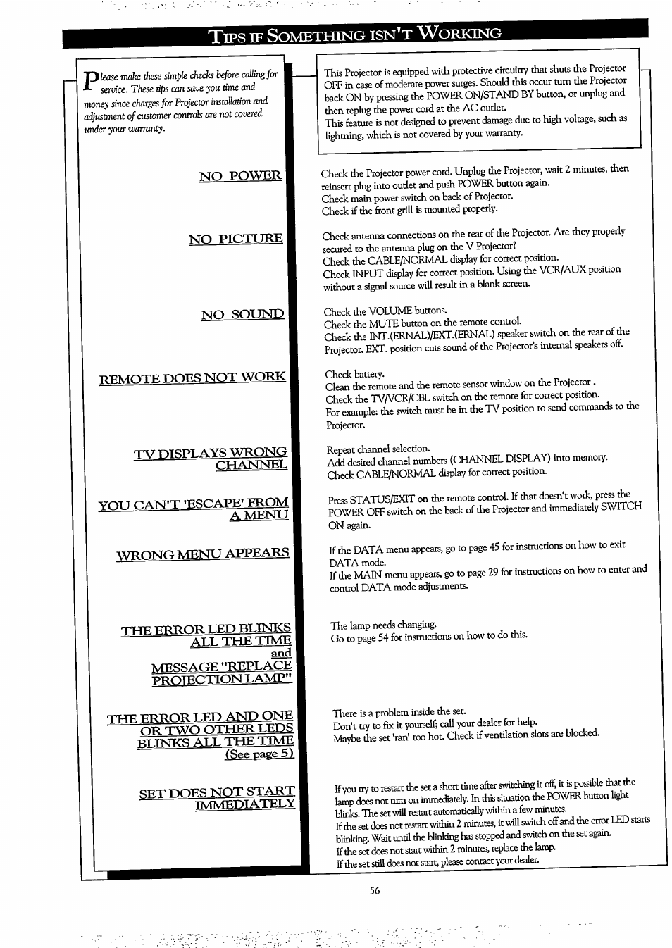 Tips if something isn’t working, Tips if something isn't working | Philips LCD PROJECTOR User Manual | Page 56 / 60