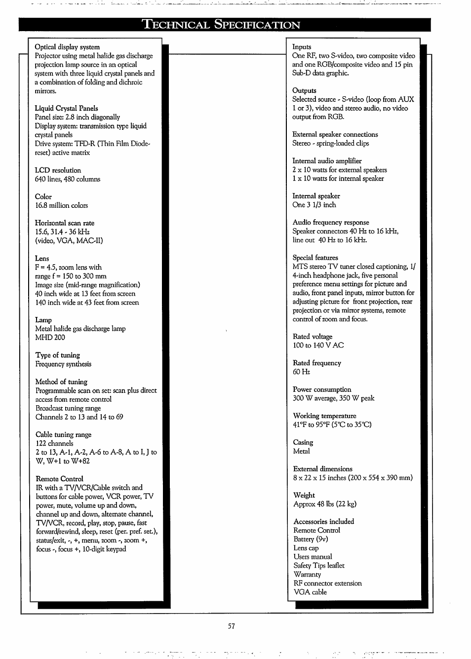 Technical specification, Technical specifications | Philips LCD PROJECTOR User Manual | Page 57 / 60