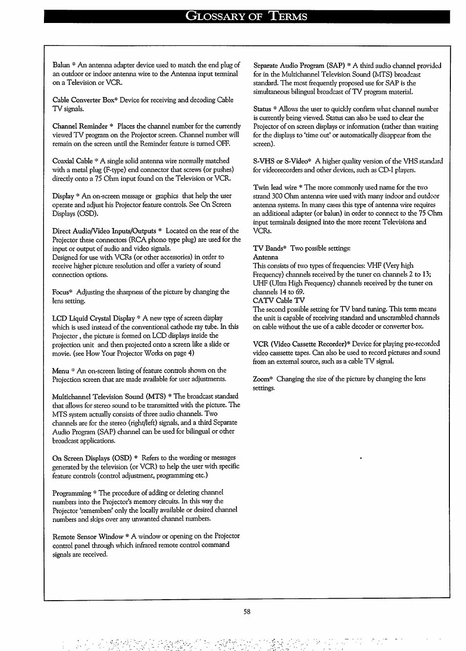 Glossary of terms, Of t | Philips LCD PROJECTOR User Manual | Page 58 / 60