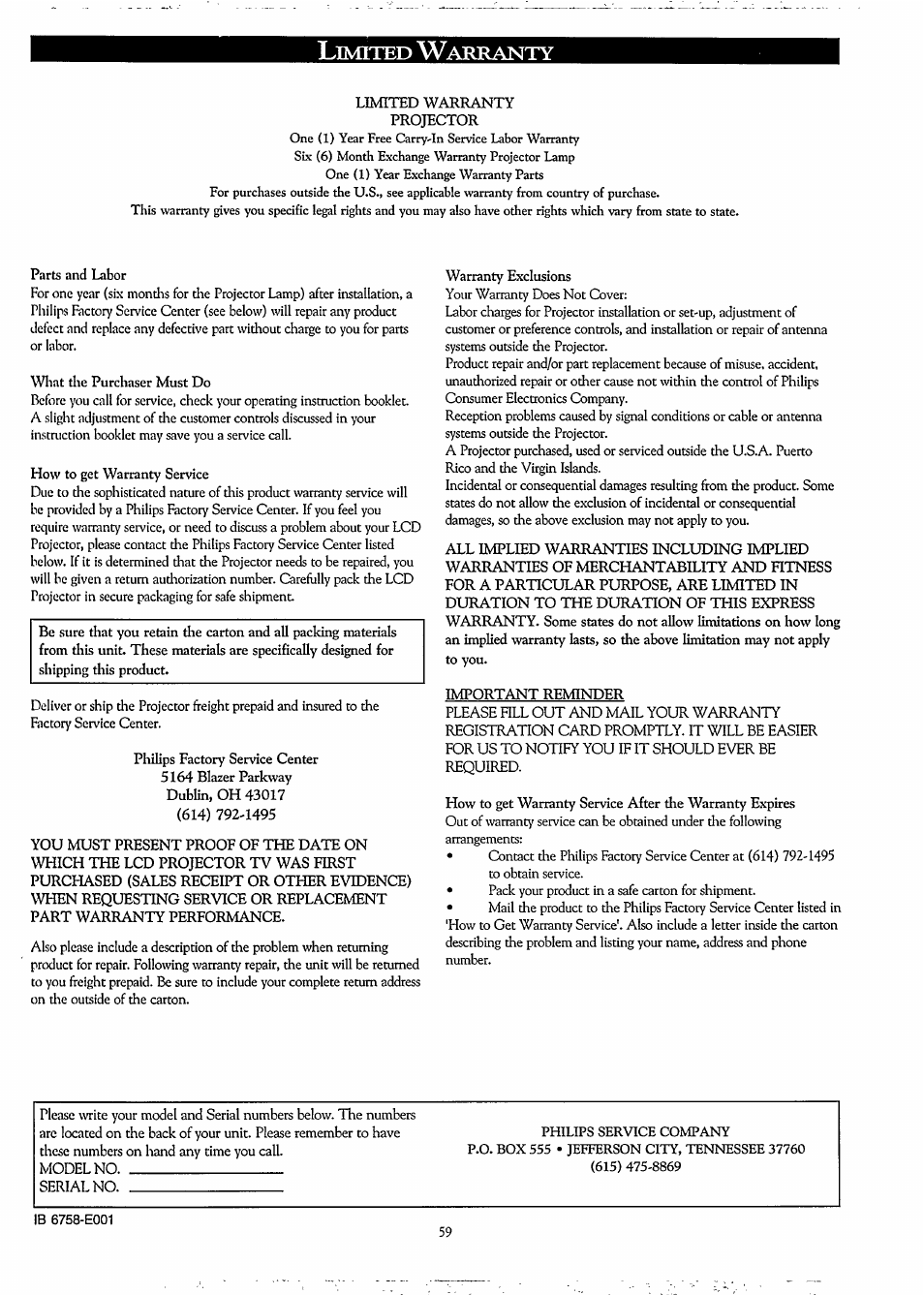 Limited warranty, Ib 6758-e001 | Philips LCD PROJECTOR User Manual | Page 59 / 60