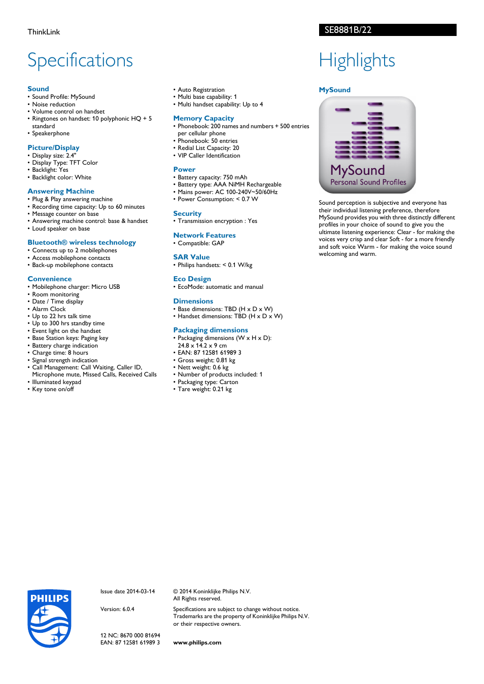 Specifications, Highlights | Philips SE8881B-22 User Manual | Page 2 / 2