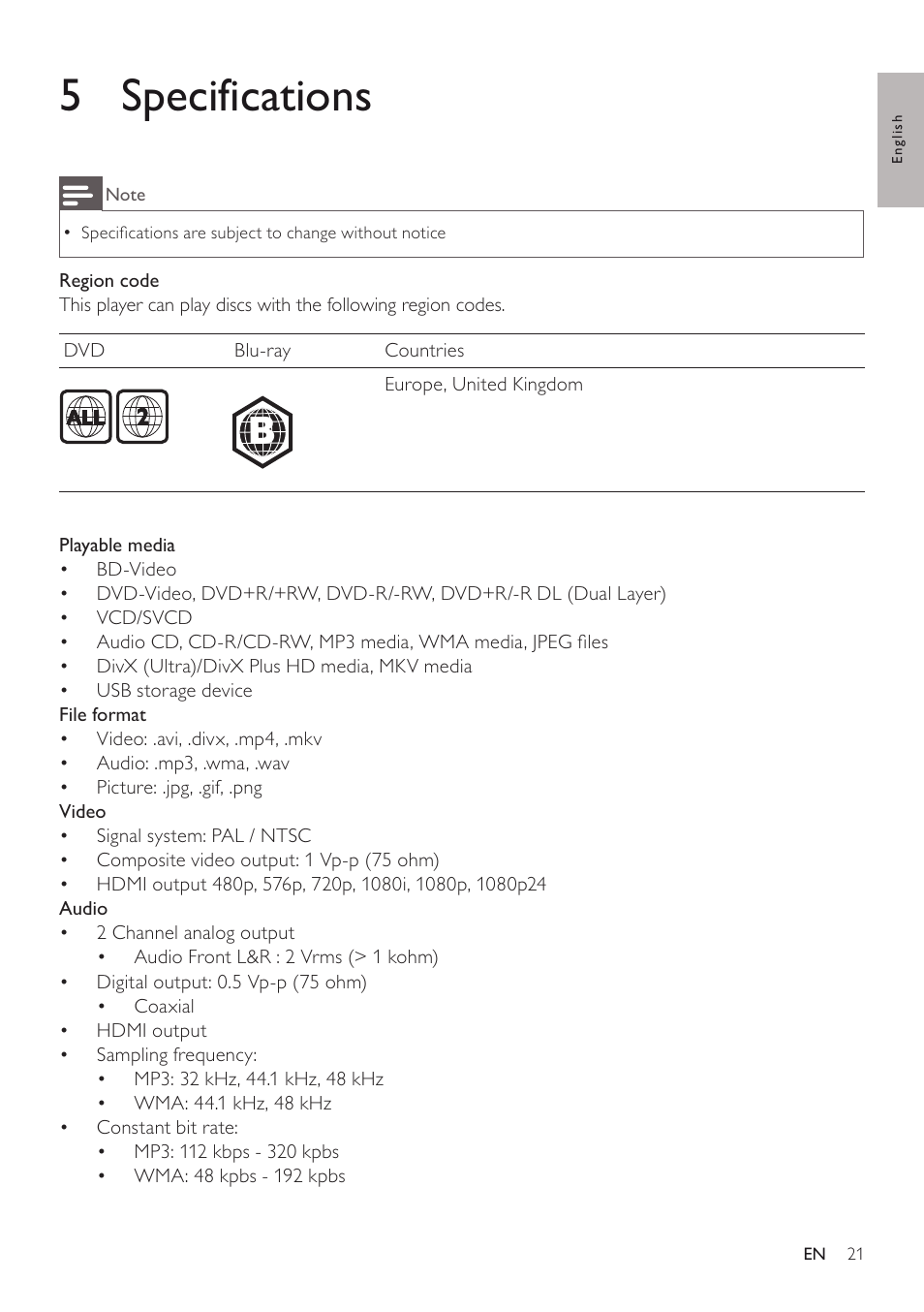 5 specifications | Philips 3000 series Blu-ray Disc- DVD player BDP3250 DivX Plus HD WiFi-Ready BD-Live User Manual | Page 21 / 51