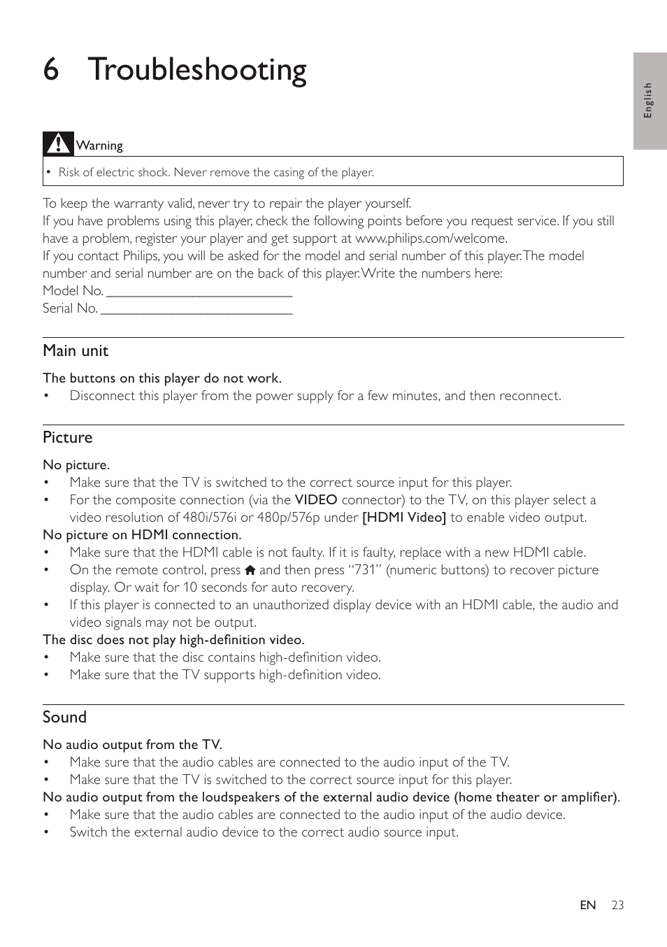 6 troubleshooting, Main unit, Picture | Sound | Philips 3000 series Blu-ray Disc- DVD player BDP3250 DivX Plus HD WiFi-Ready BD-Live User Manual | Page 23 / 51